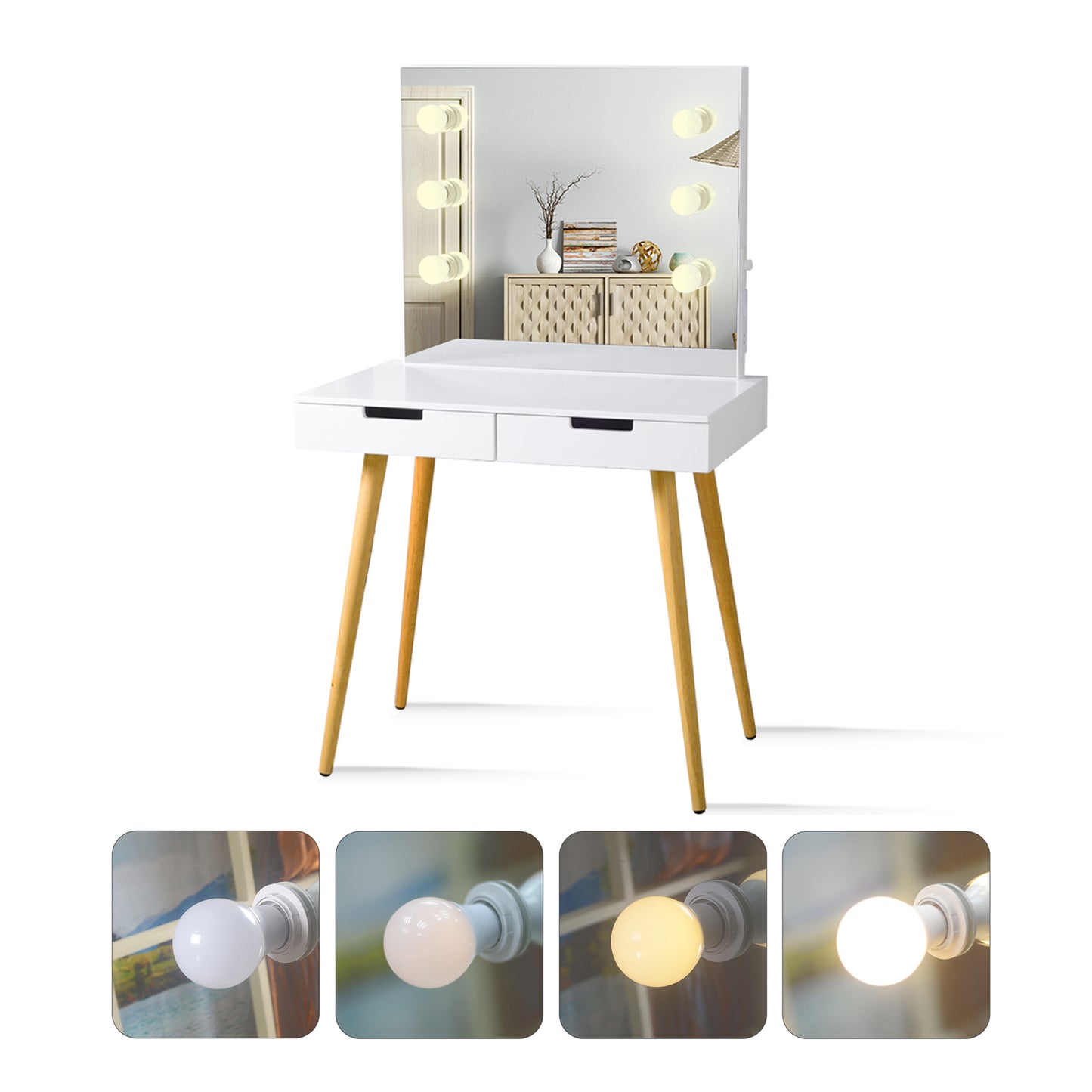 Wooden Vanity Table Makeup Dressing Desk with LED Light,White