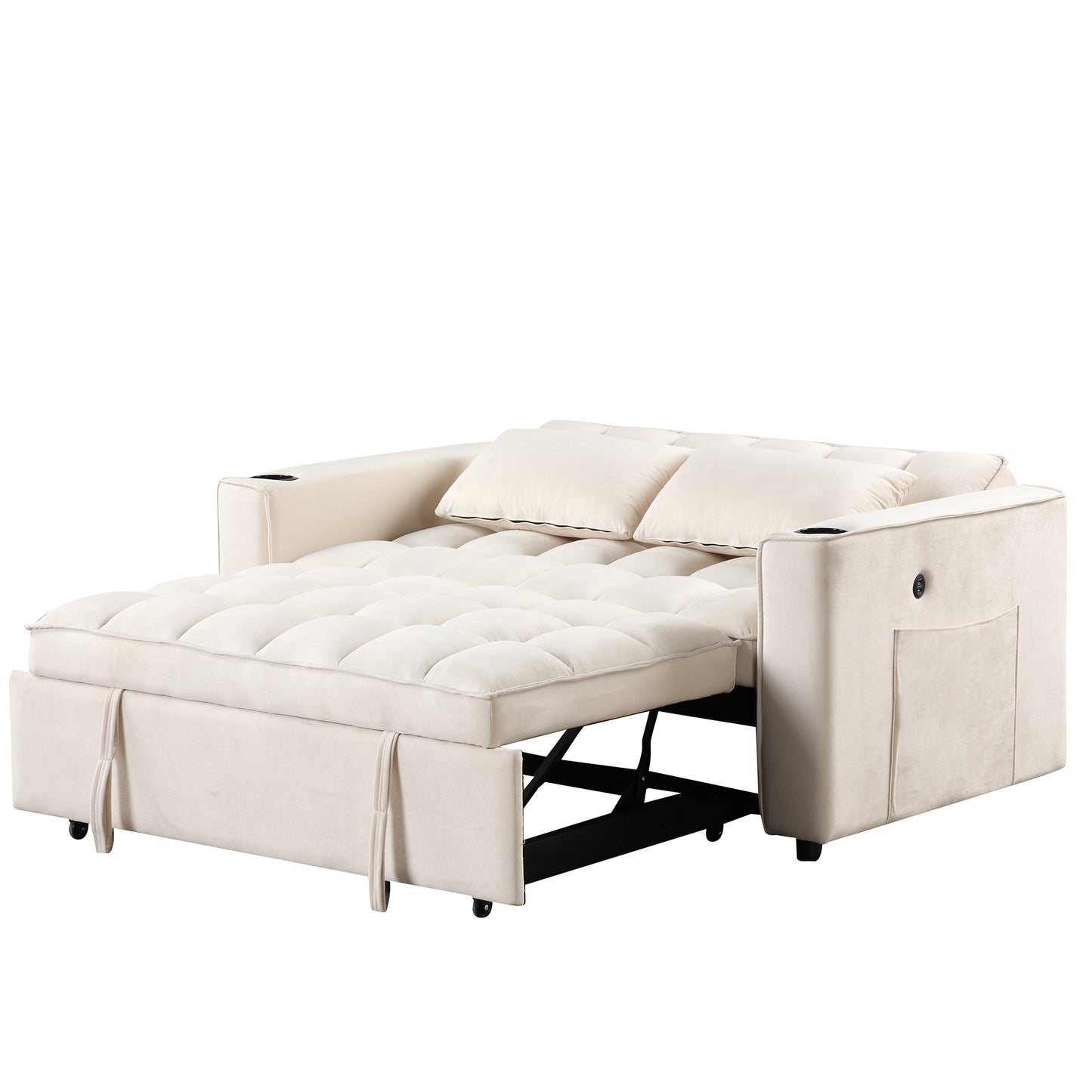 55.3 Multi-functional Sofa Bed with Cup Holder and USB Port for Living Room in Milky White