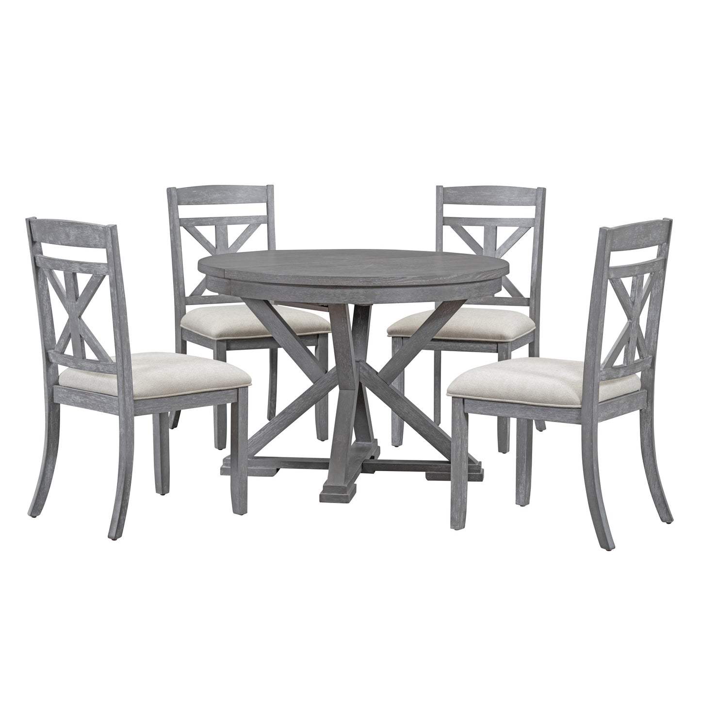 TREXM 5-Piece Retro Functional Dining Table Set Extendable Round Table and 4 Upholstered Chairs for Dining Room and Living Room (Grey)