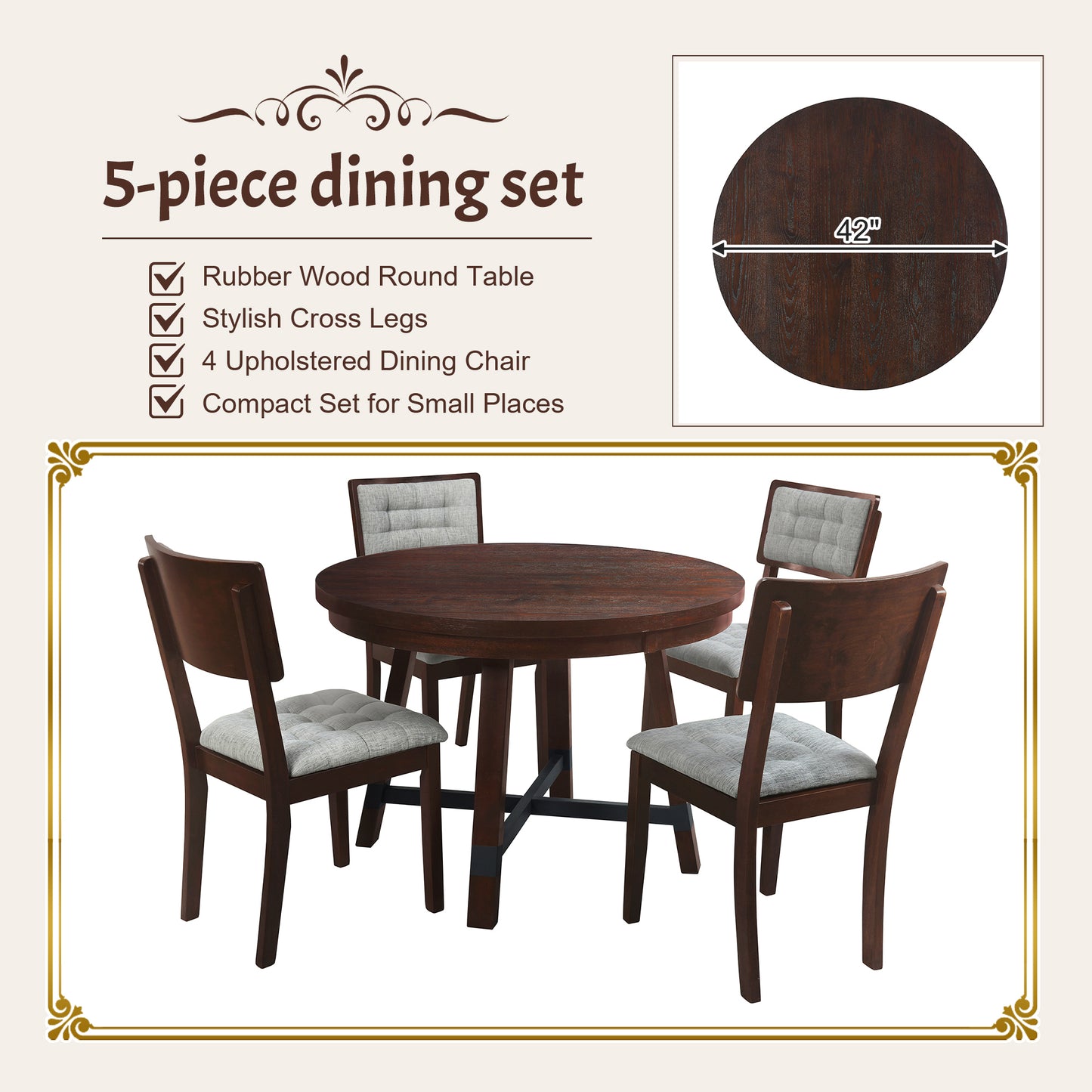 Rustic 42inch Round Dining Table Set with Cross Legs and Upholstered Dining Chairs for Small Places, Espresso