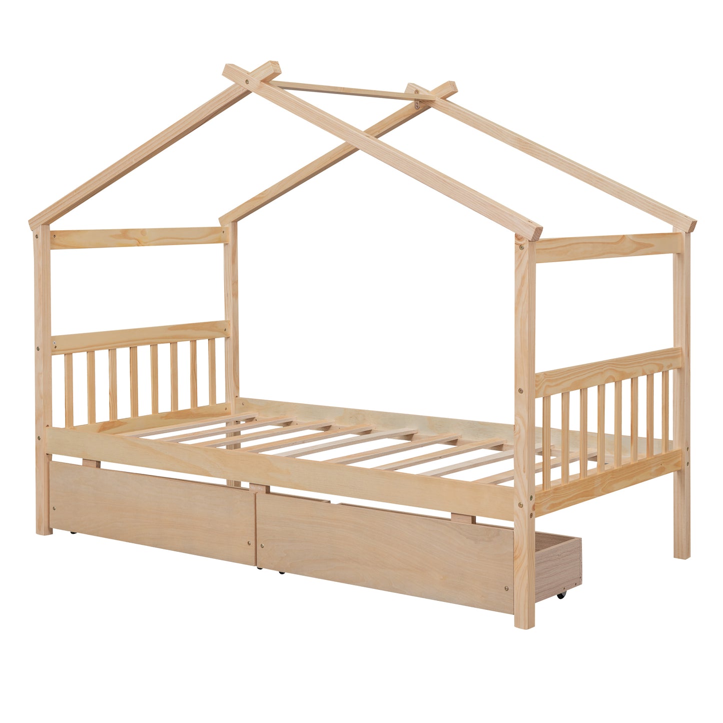 Twin Size Wooden House Bed with Drawers, Natural