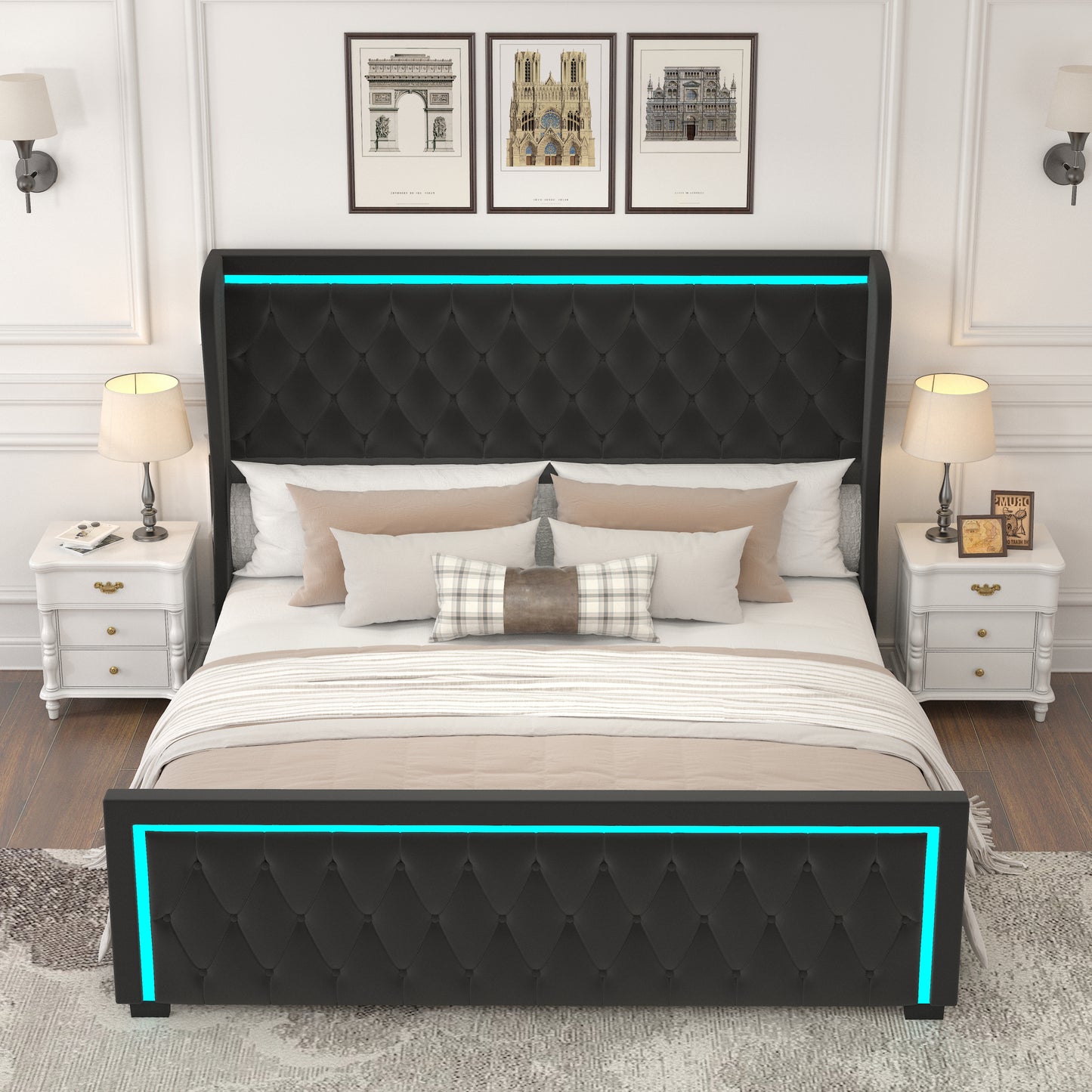 King Platform Bed Frame With High headboard, Velvet Upholstered Bed with Deep Tufted Buttons, Adjustable Colorful LED Light Decorative Headboard, Wide Wingbacks, Black