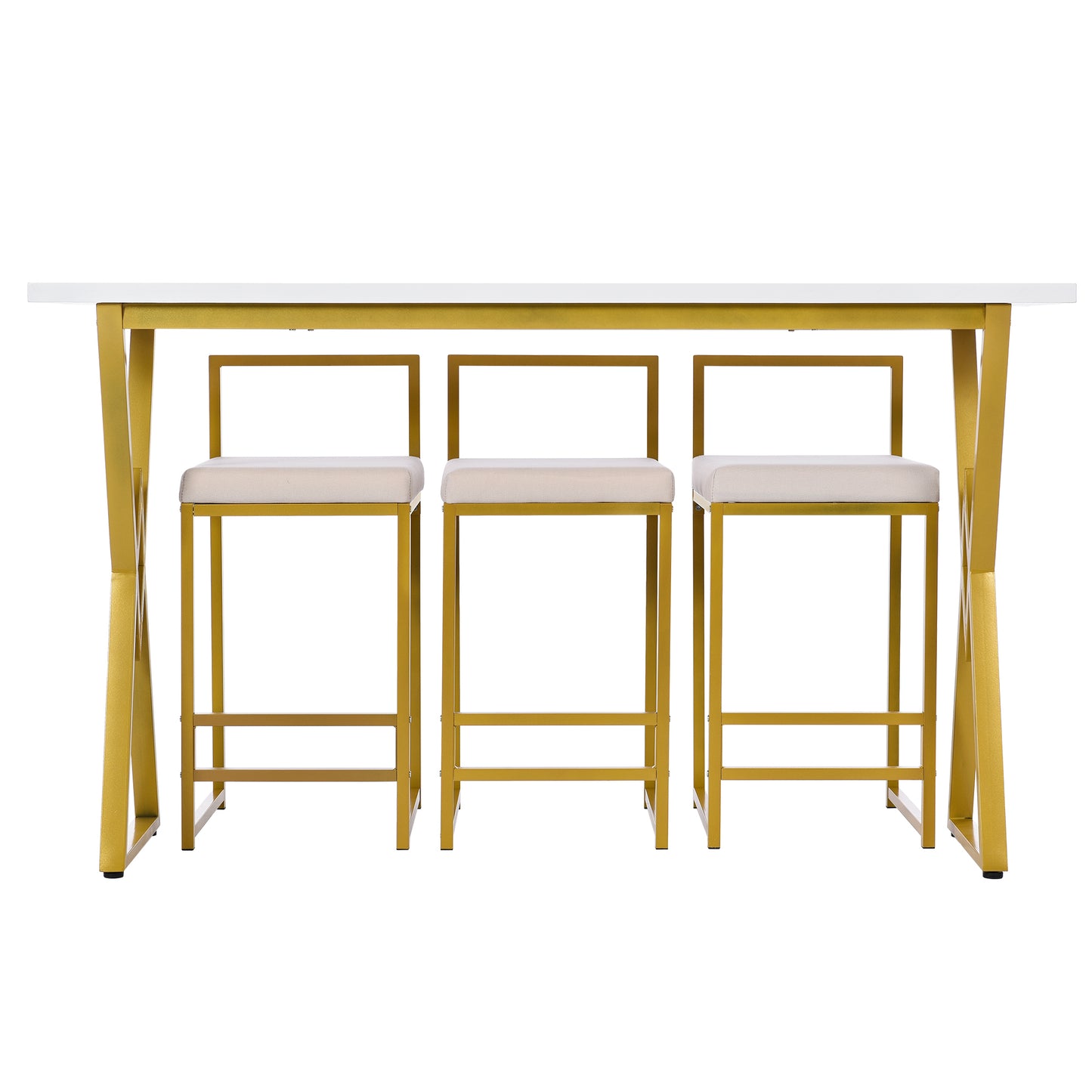 Modern 4-Piece Counter Height Extra Long Console Bar Dining Table Set with 3 Padded Stools for Small Places, Gold