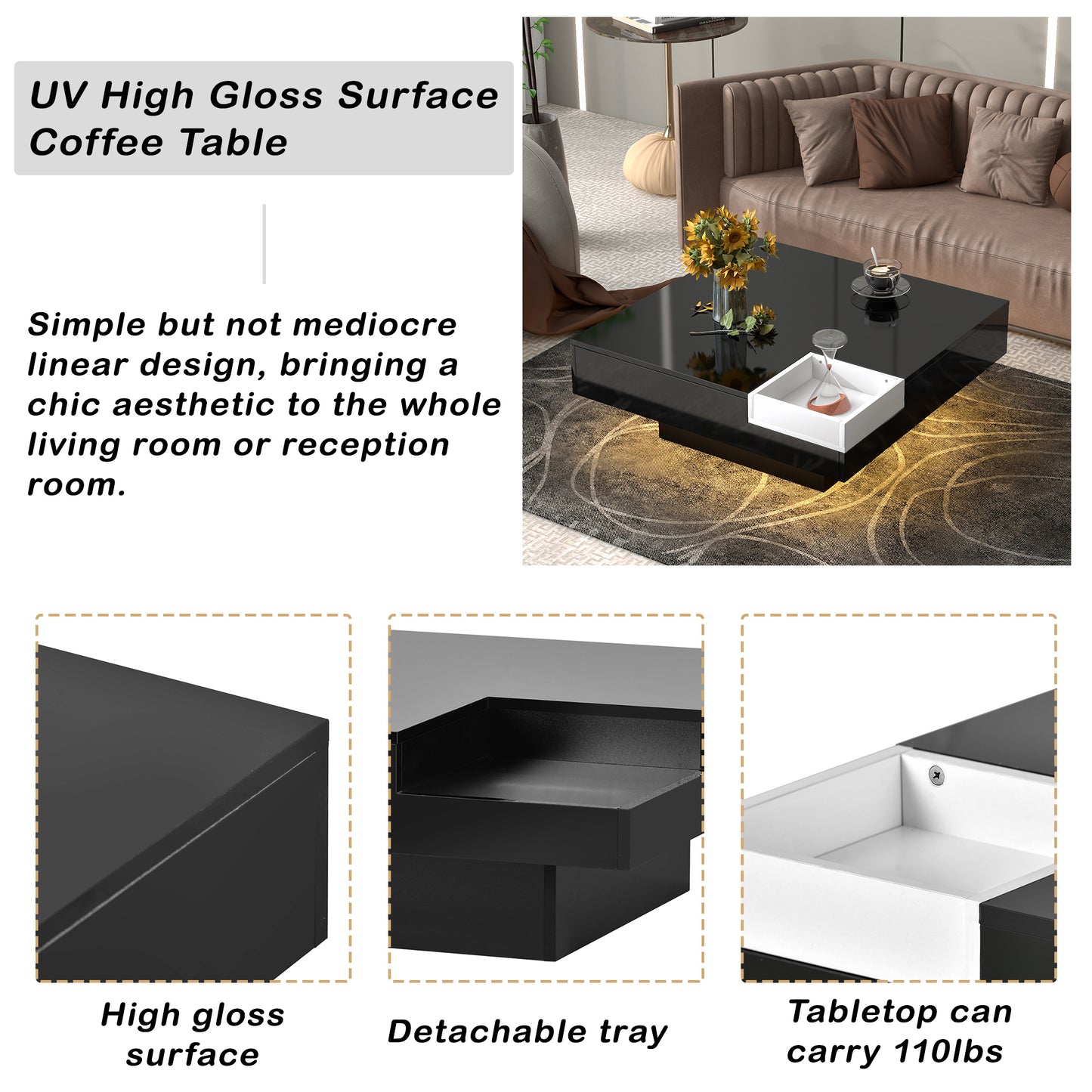 Chic Minimalist Square Coffee Table with LED Strip Lights and Tray