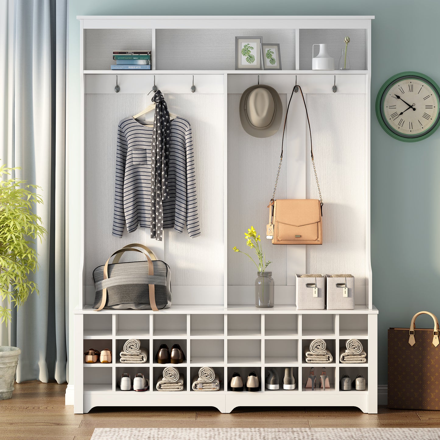 Modern Style Multiple Functions Hallway Coat Rack with Metal Black Hooks, Entryway Bench 60" Wide Hall Tree with Ample Storage Space and 24 Shoe Cubbies , White