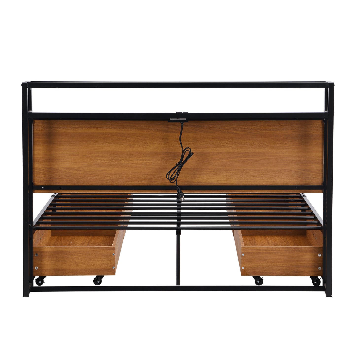 Full Size Metal Platform Bed Frame with  Four Drawers,Sockets and USB Ports ,Slat Support No Box Spring Needed Black