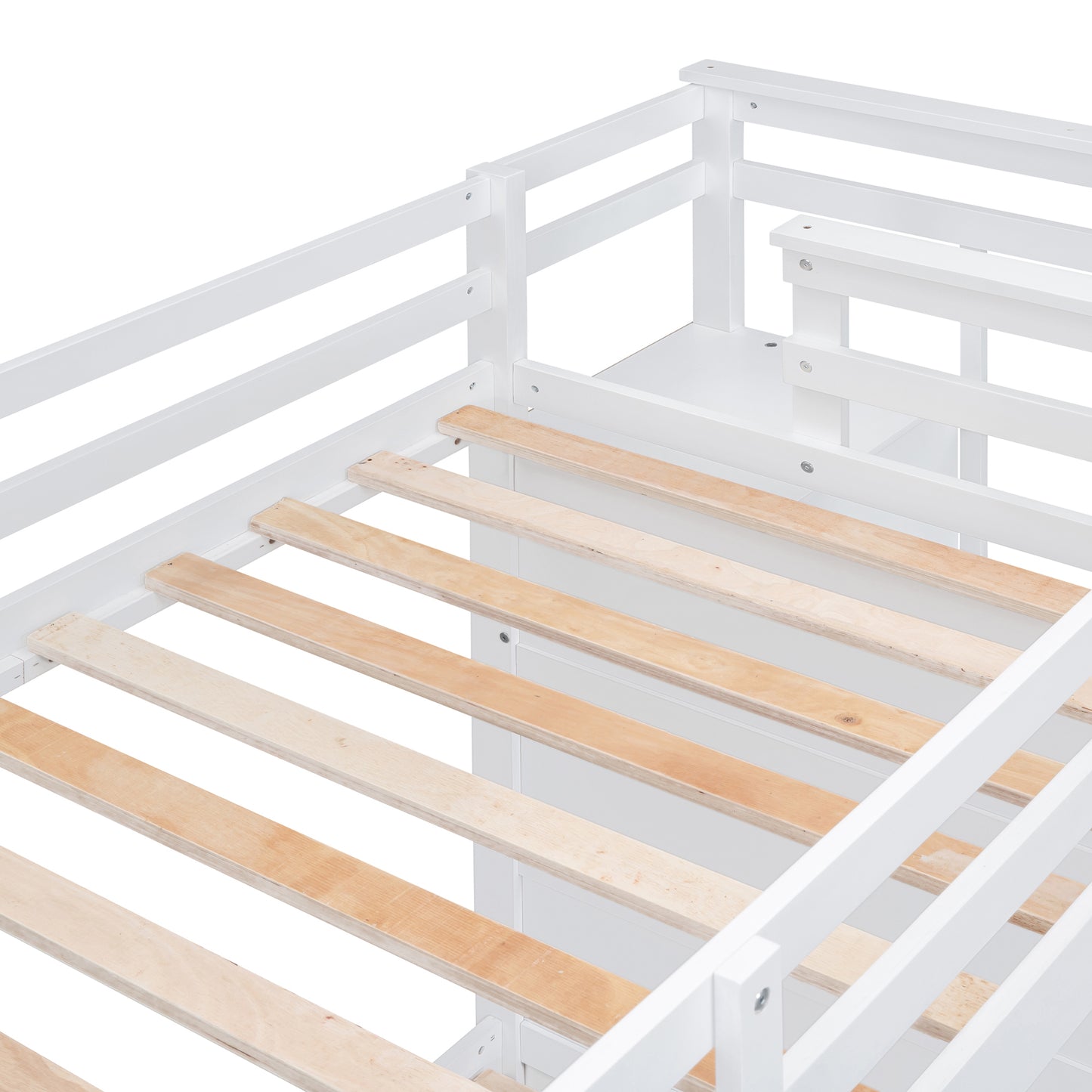 White Twin Over Twin Bunk Bed with Trundle, Staircase, and Storage Drawers