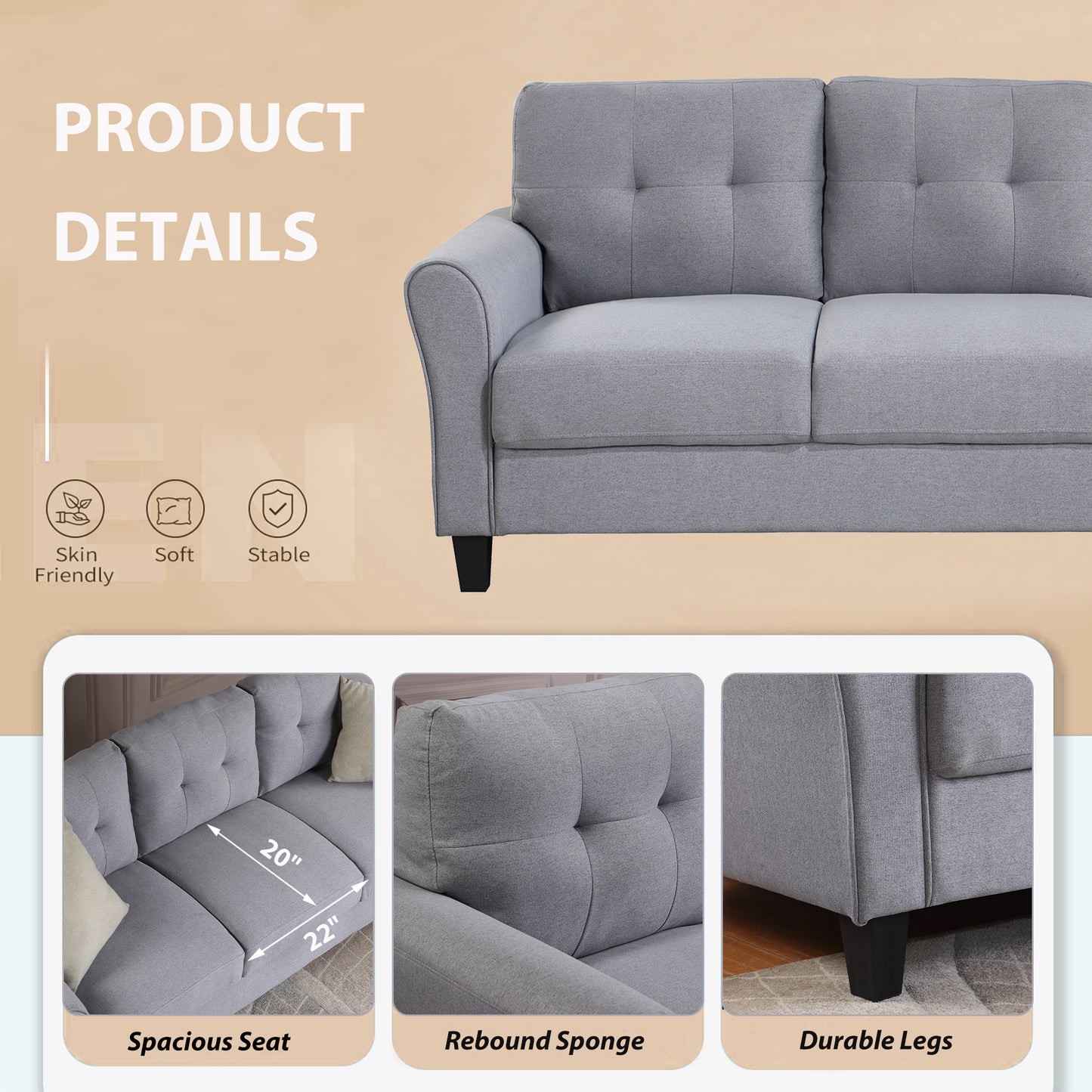 Contemporary 79.9 Light Grey-Blue Linen Sofa for Modern Living Rooms or Offices