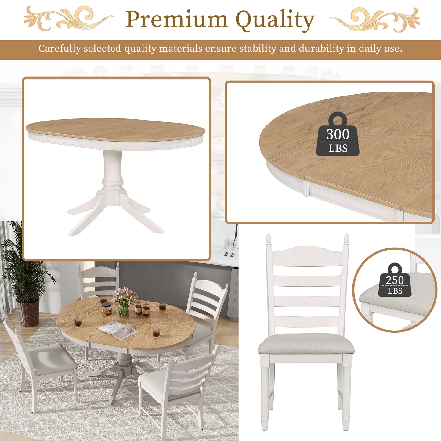 TREXM 5-Piece Retro Functional Dining Table Set Wood Round Extendable Dining Table and 4 Upholstered Dining Chairs (Off White)