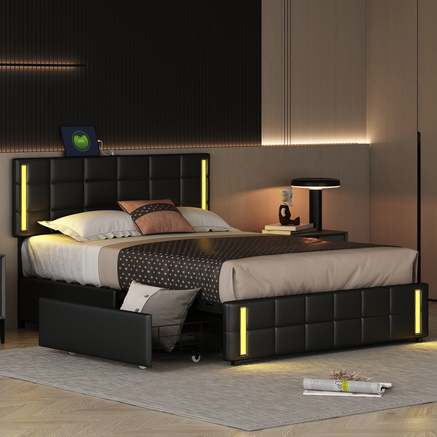 Queen Size Upholstered Platform Bed with LED Lights and USB Charging, Storage Bed with 4 Drawers, Black