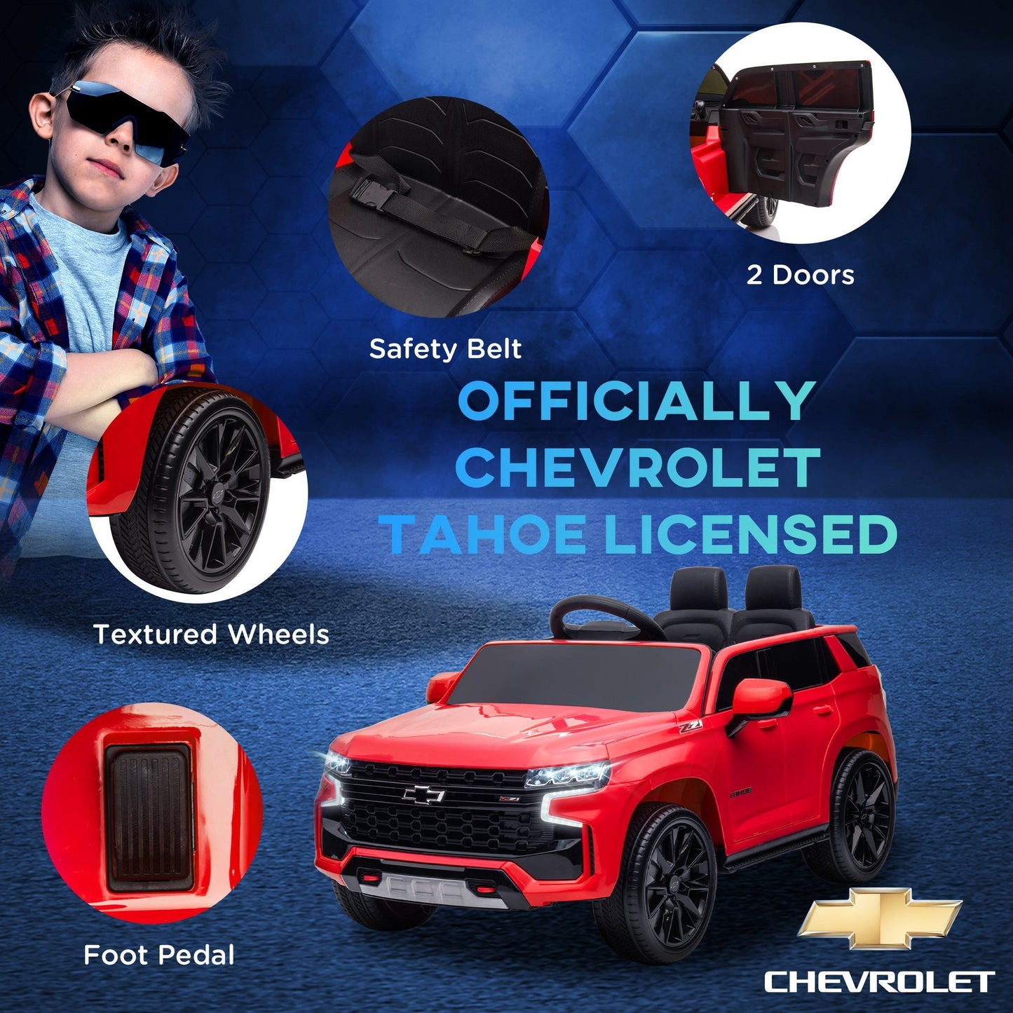 Aosom Chevrolet TAHOE Licensed Kids Ride on Car, 12V Battery Powered Kids Electric Car with Remote Control, Music, Lights, Horn, Suspension for 3-6 Years Old, Red