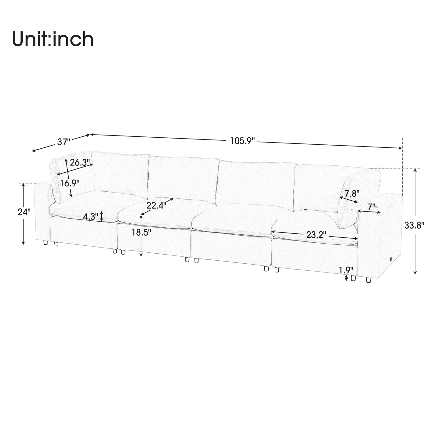 U-style Upholstered Modular Sofa with USB Charge Ports,Wireless Charging and Built-in Bluetooth Speaker in Arm,Sectional sofa for Living Room Apartment(4-Seater)