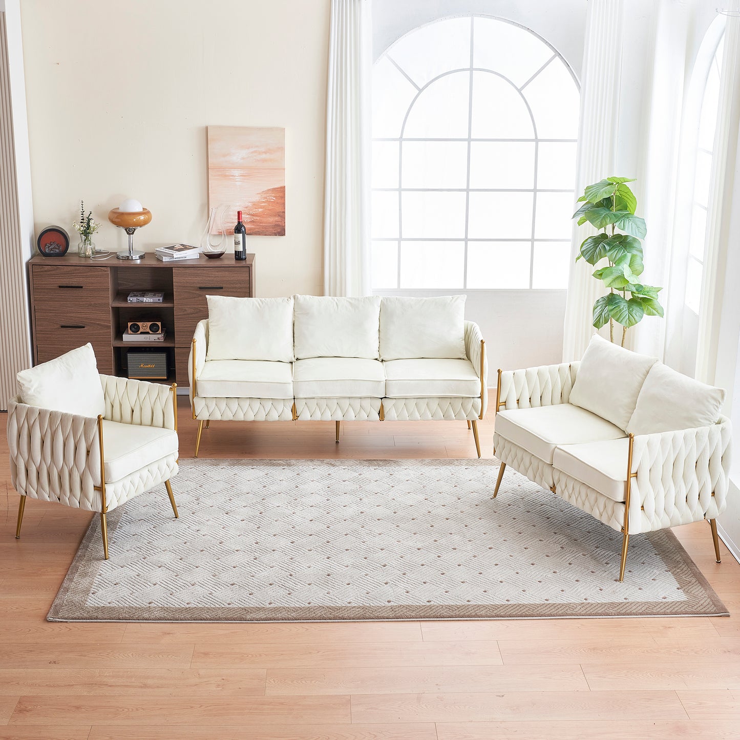 Modern 3-Piece Velvet Upholstered Handmade Woven Back Sofa Sets with Sturdy Metal Legs, Including Three Seat Couch Loveseat, and Single Chair for Living Room, Cream White Velvet