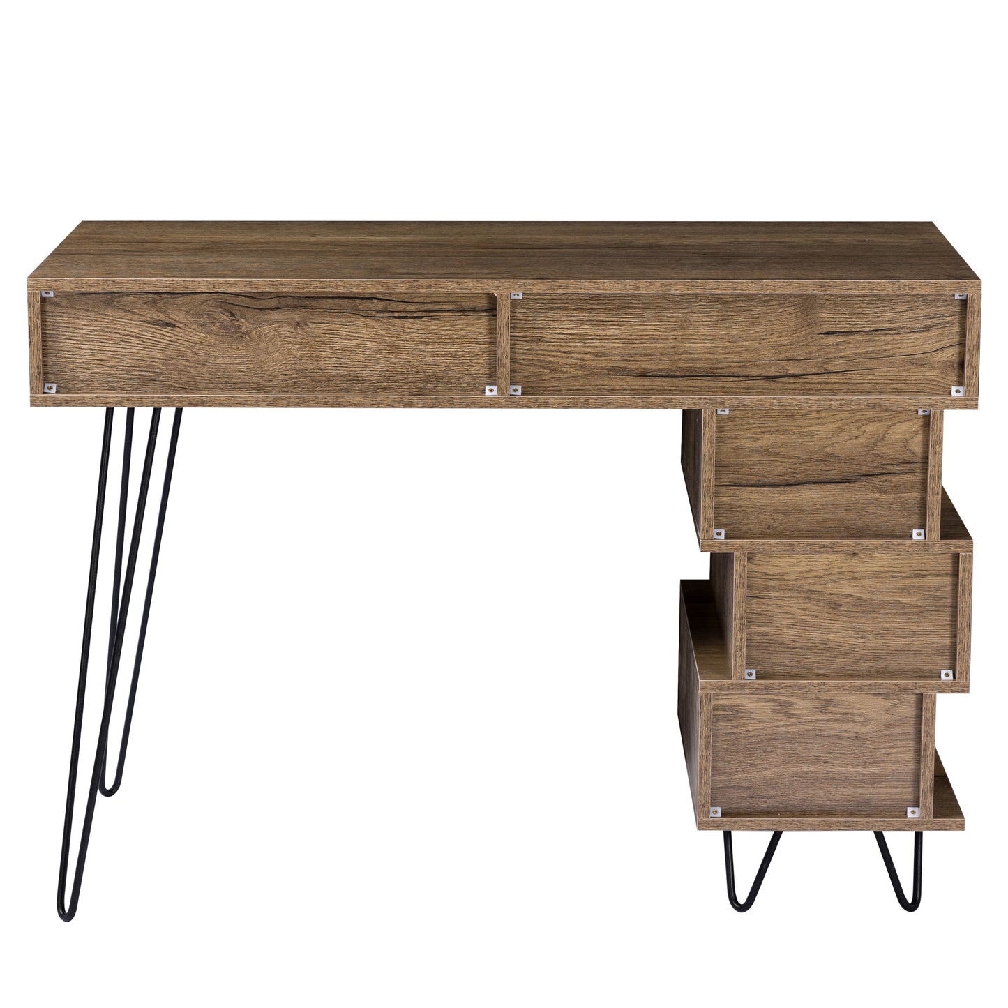 Geometric Brown Computer Desk with V-Shaped Iron Leg and Ample Storage