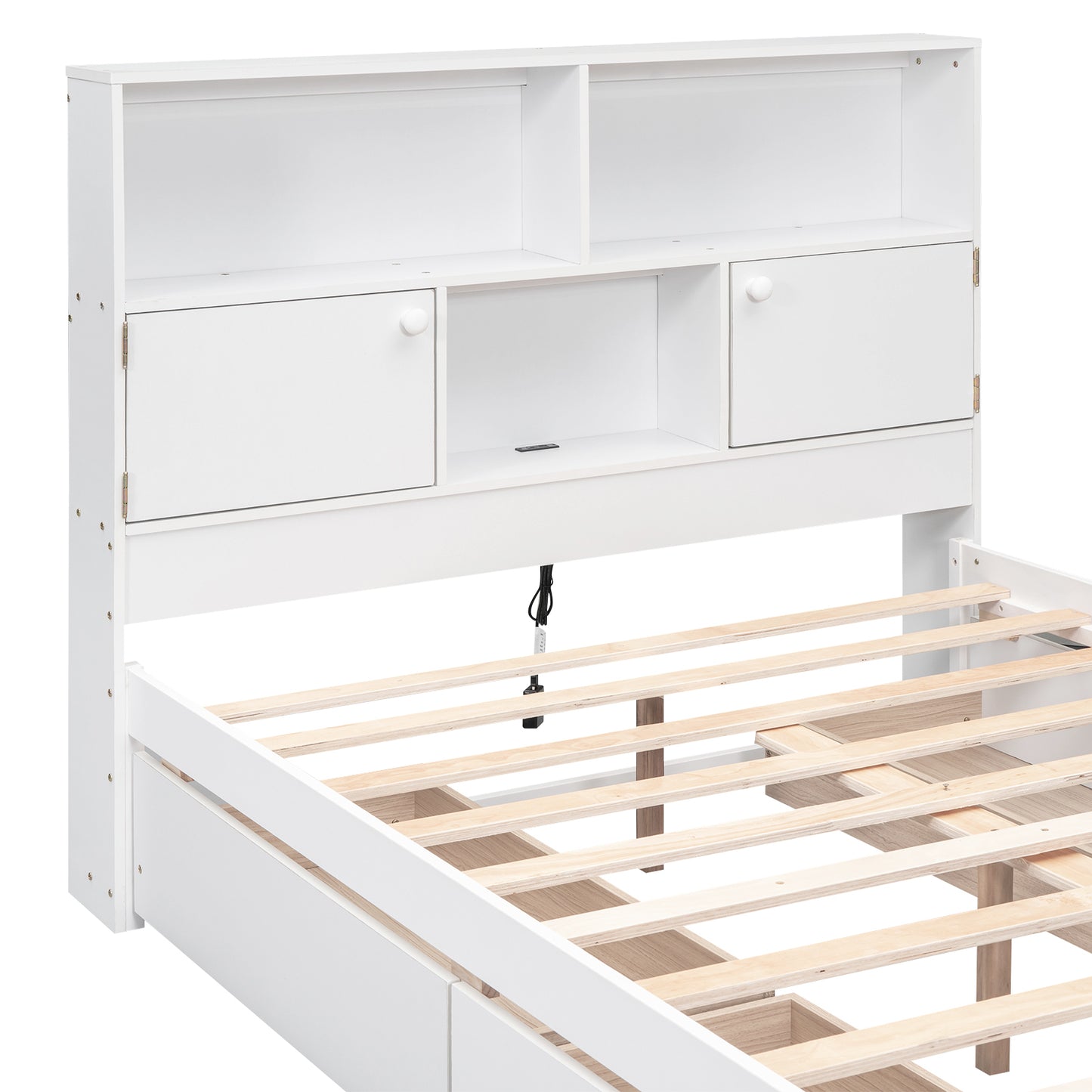 Full Size Platform Bed with Storage Headboard, Charging Station and 4 Drawers, White