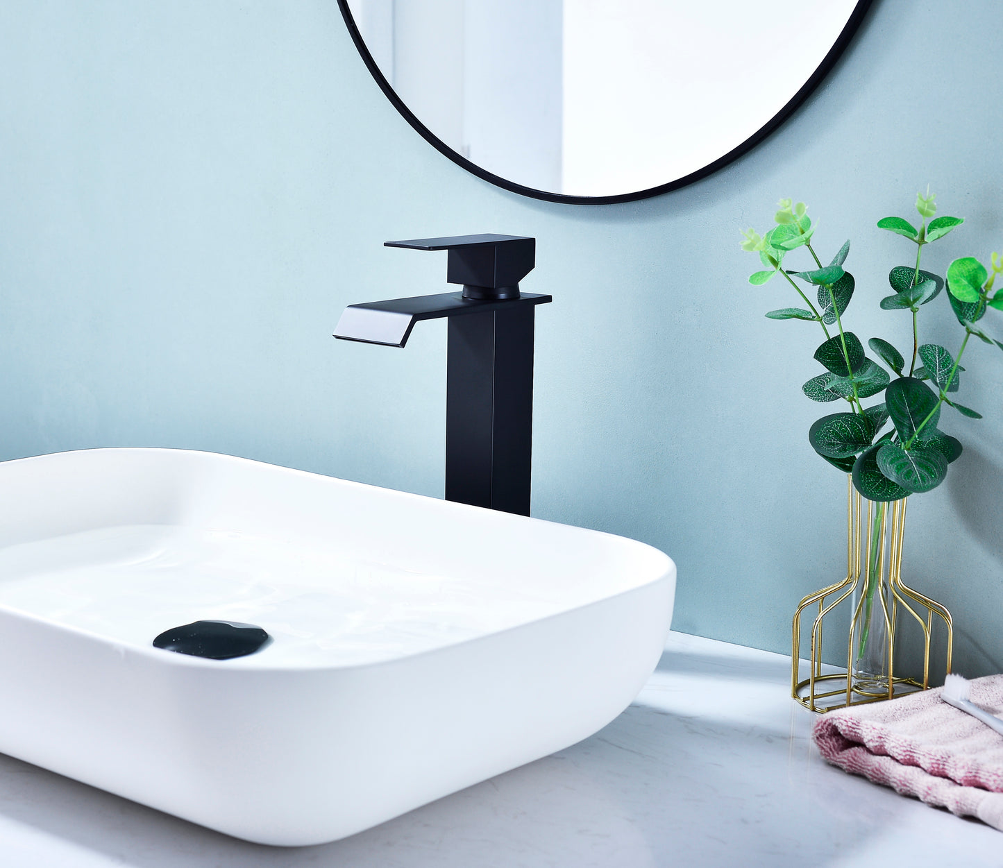 Elegant Matte Black Waterfall Spout Bathroom Faucet with Single Handle