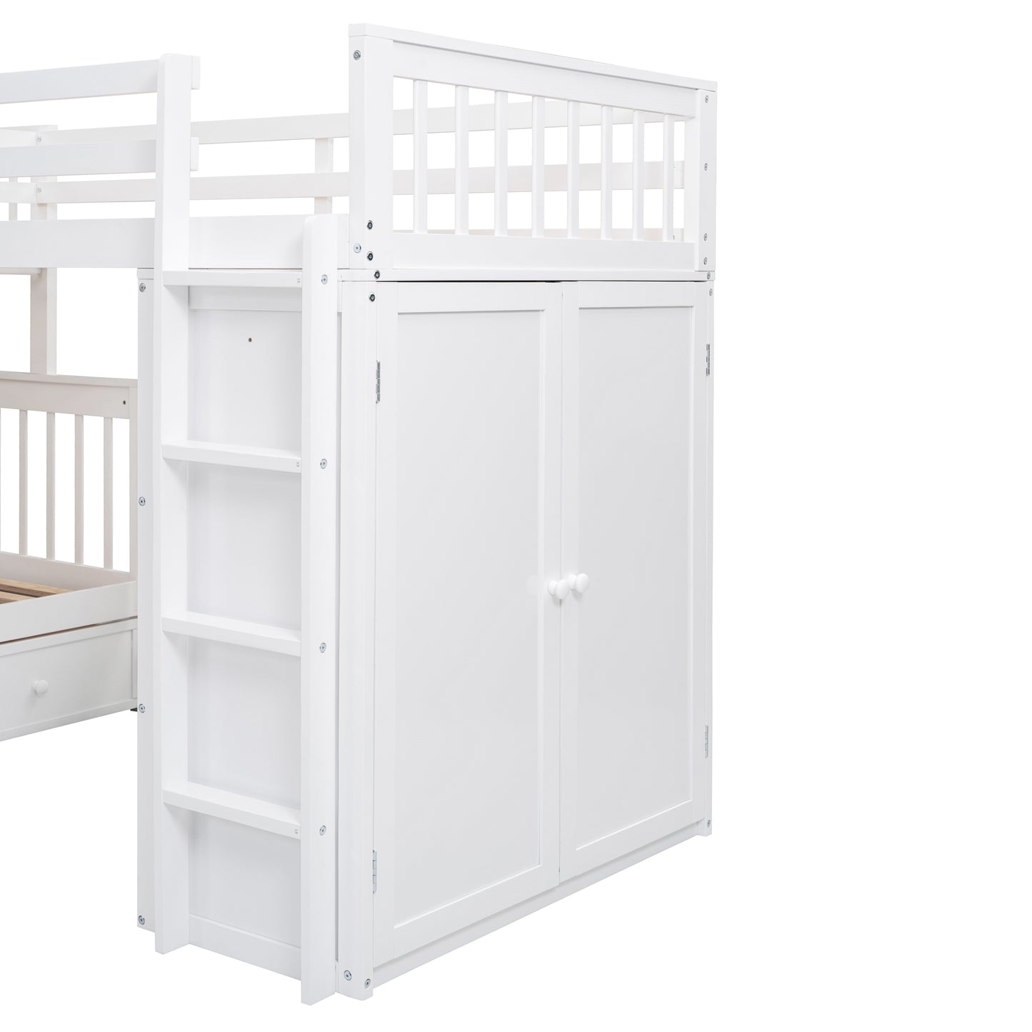 L-Shaped Bunk Bed Set with Desks, Wardrobe, Drawers, White - Space-Saving Sleepover Solution