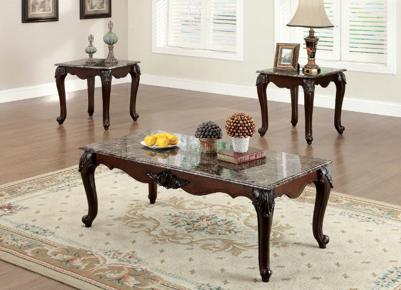 Traditional 3-Piece Living Room Table Set with Faux Marble Tops and Elegant Design