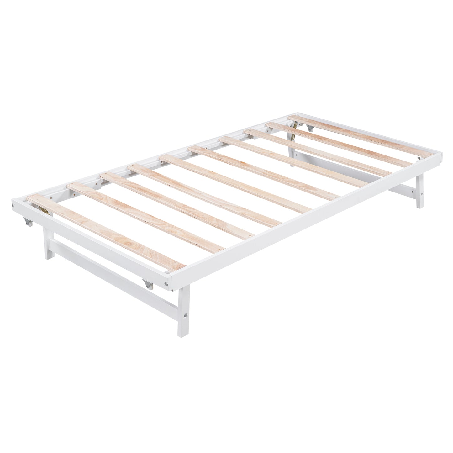 Full Size Platform Bed with Adjustable Trundle,White