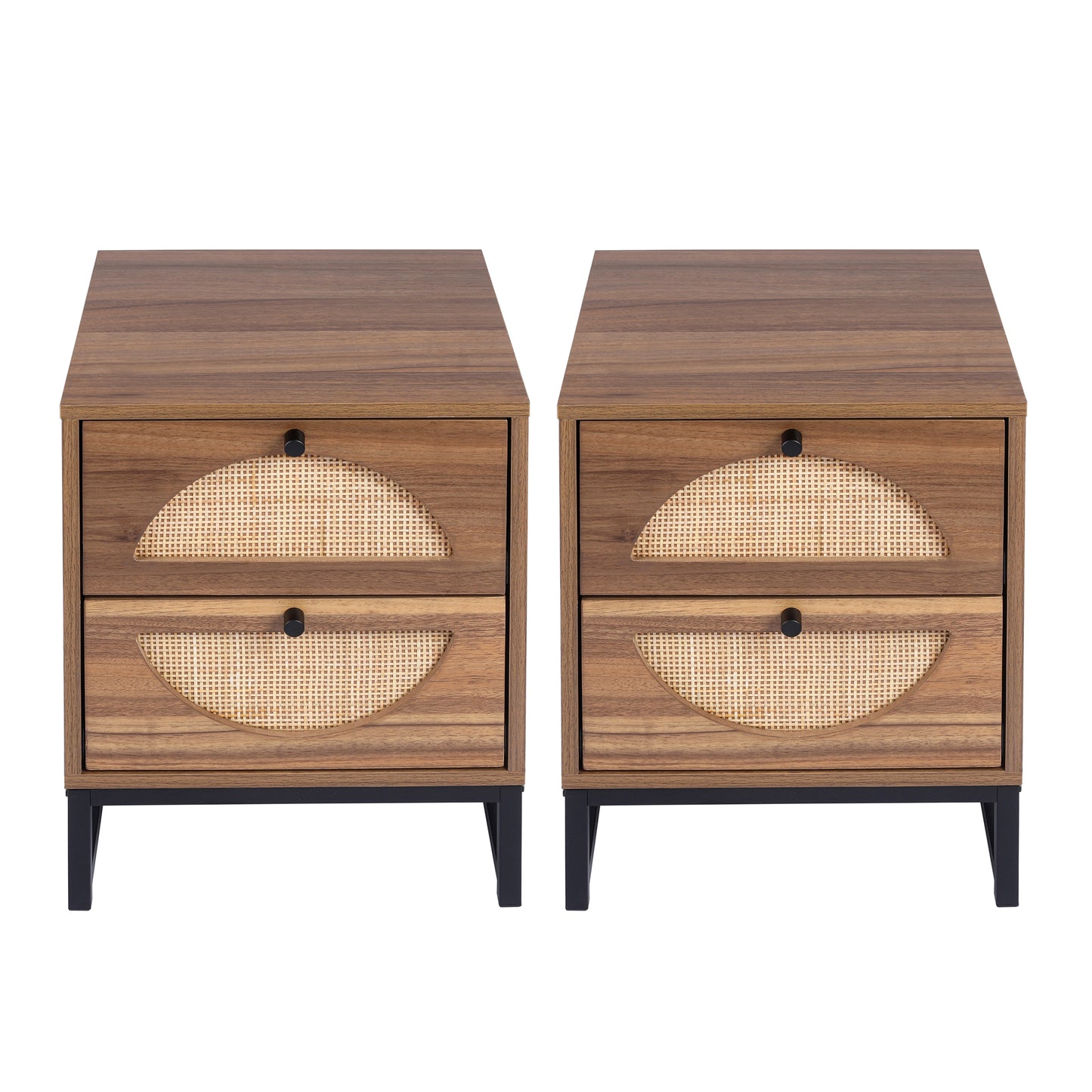 Rattan Nightstand Set of 2, Walnut End Table with 2 Natural Rattan Drawer & Metal Legs