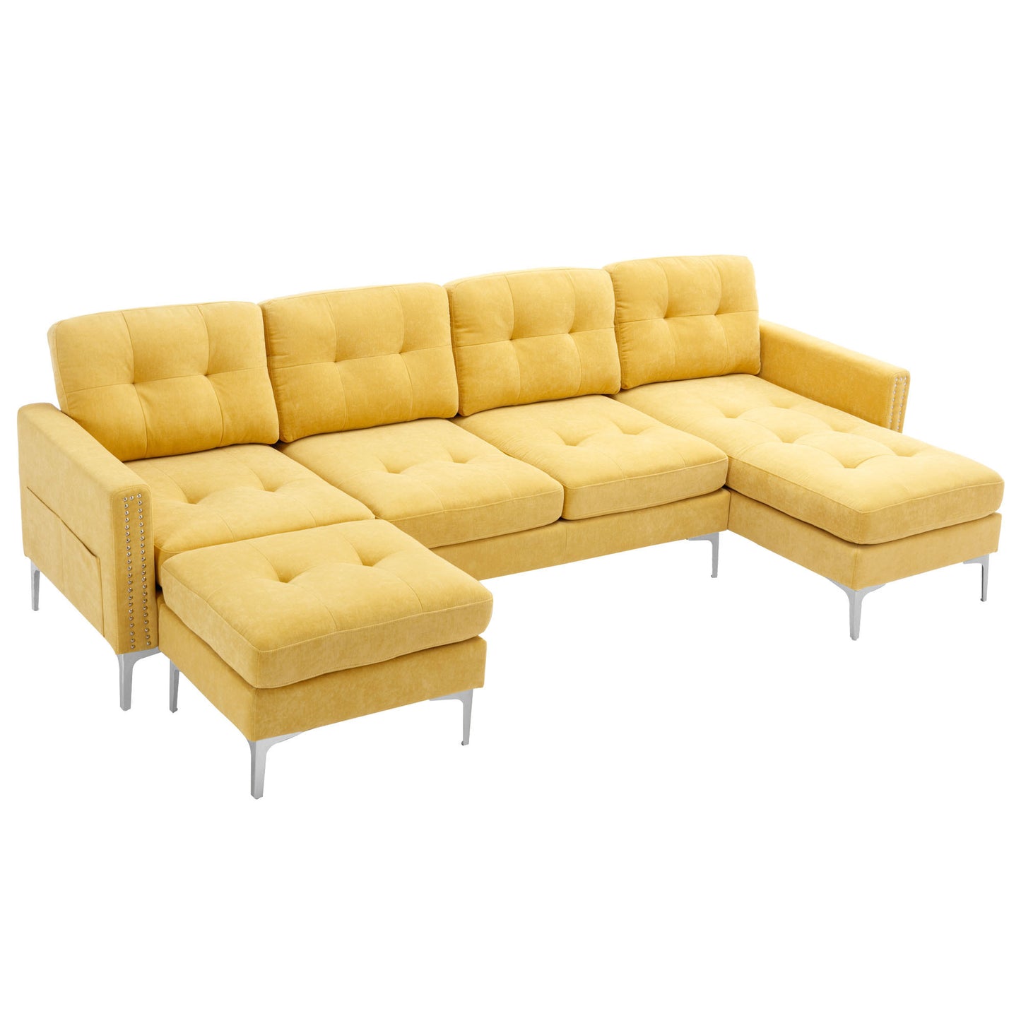 110 L-Shaped Convertible Sectional Sofa Set with Moveable Ottoman in Yellow for Home and Office