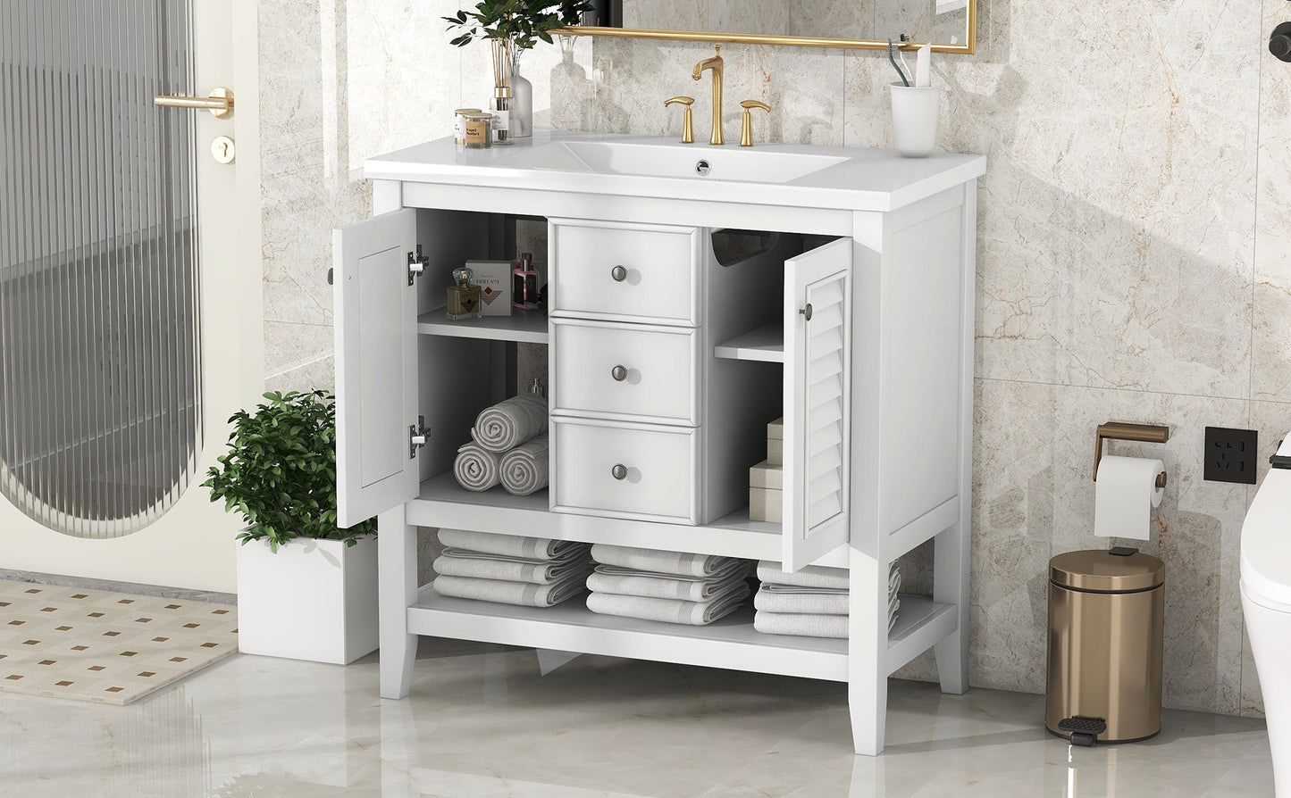 36" Bathroom Vanity with Ceramic Basin, Two Cabinets and Drawers, Open Shelf, Solid Wood Frame, White