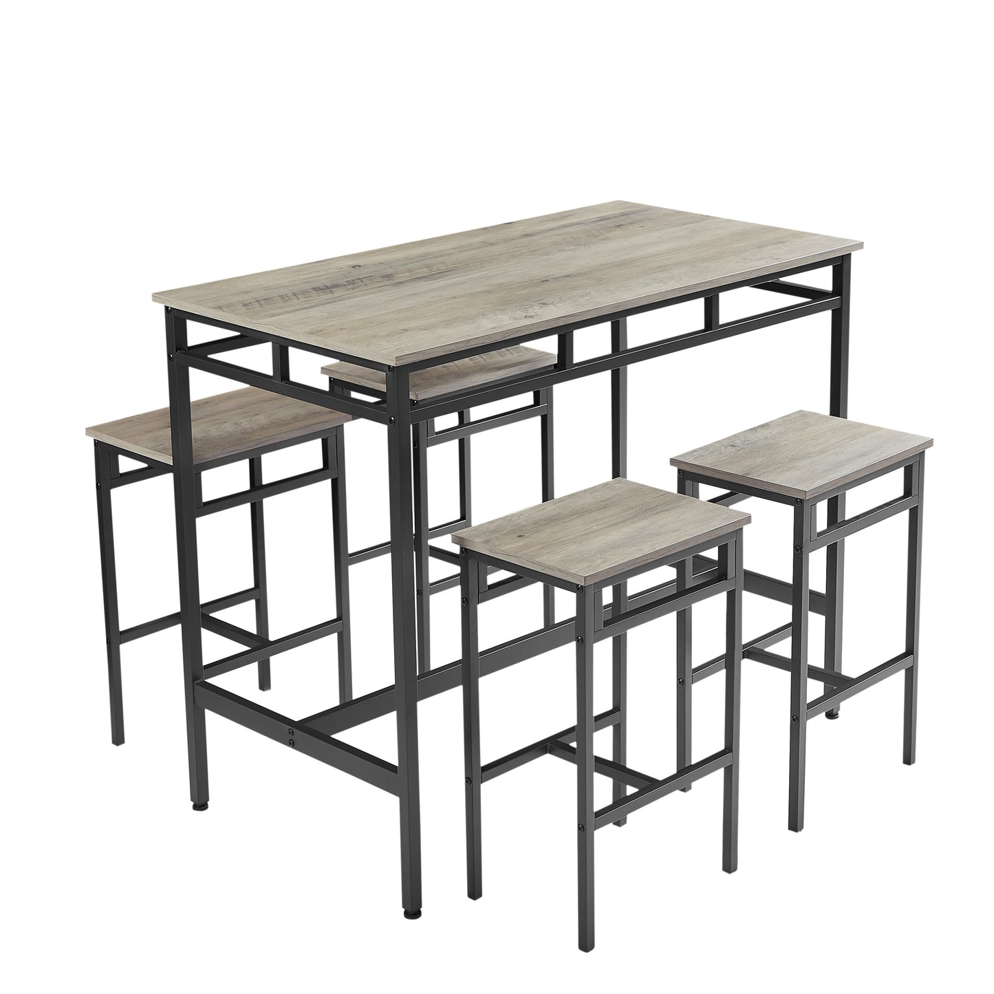 Bar table set 5PC Dinging table set with high stools, structural strengthening, industrial style. Grey, 43.31'' L x 23.62'' W x 35.43'' H.