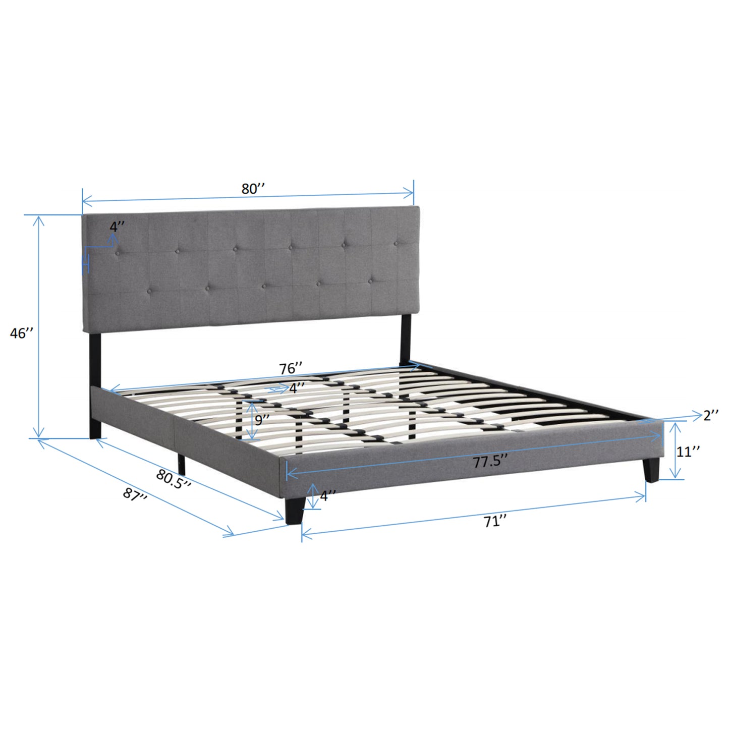 King Size Upholstered Platform Bed Frame with Button Tufted Linen Fabric Headboard, No Box Spring Needed, Wood Slat Support, Easy Assembly,  Gray