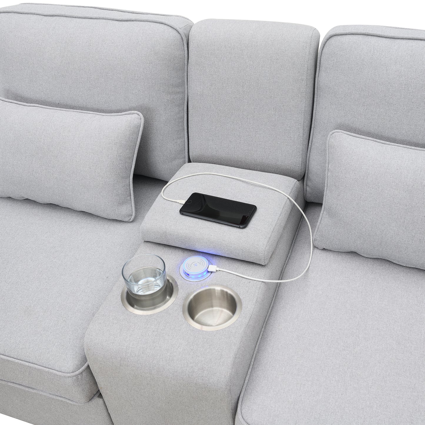 Modern 4-Seat Upholstered Sofa with Console and USB Ports