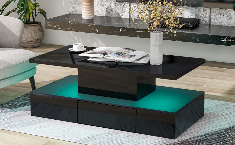 Glossy Black LED Coffee Table with Drawer and Double-Tiered Storage