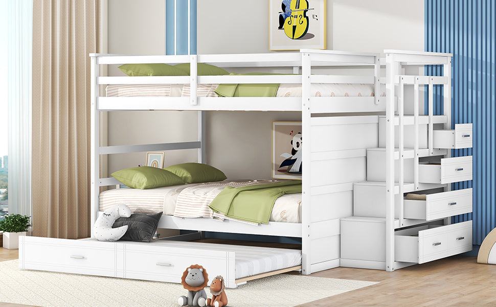 White Full-Over-Full Bunk Bed with Staircase and Trundle