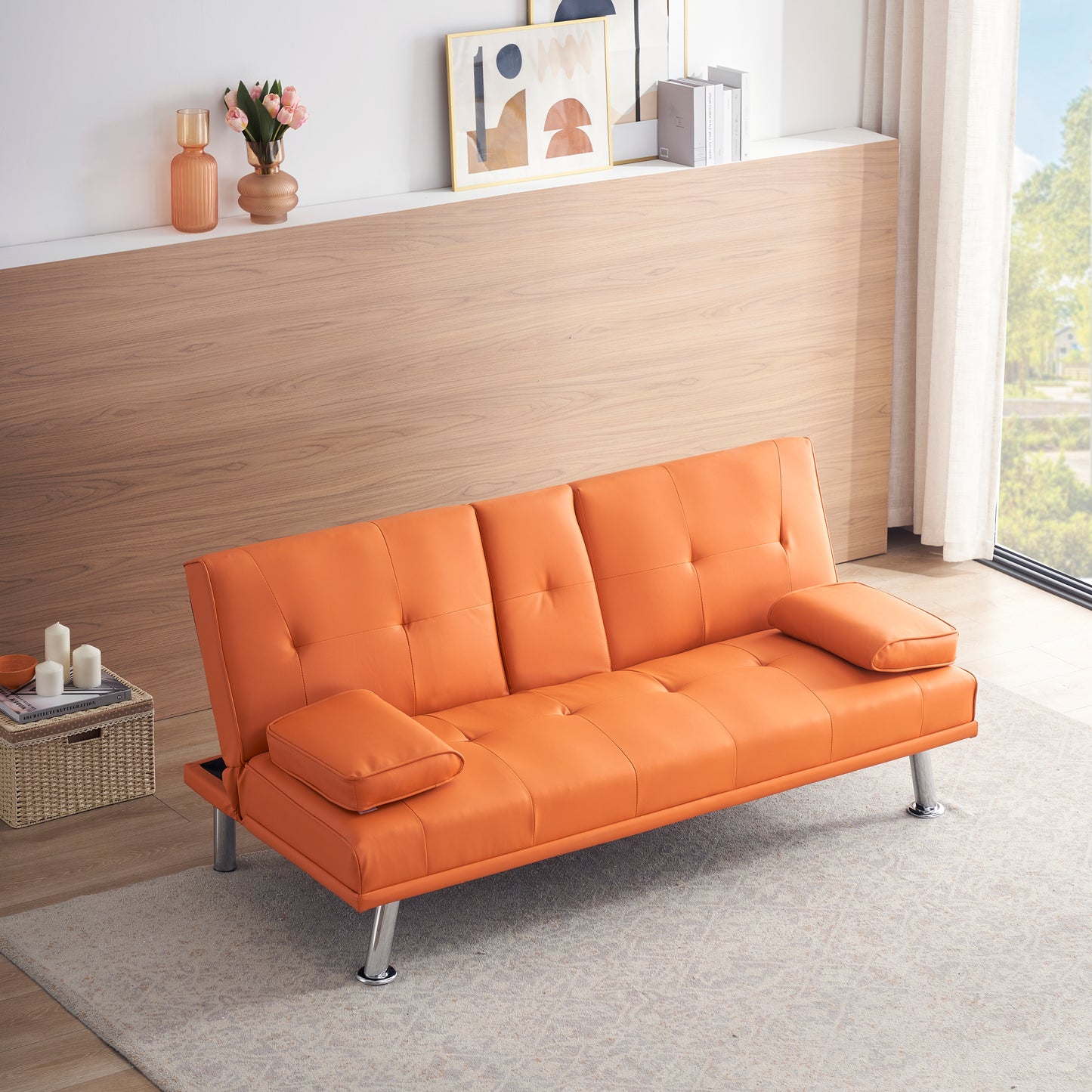 67 Orange Leather Multifunctional Double Folding Sofa Bed with Built-In Coffee Table