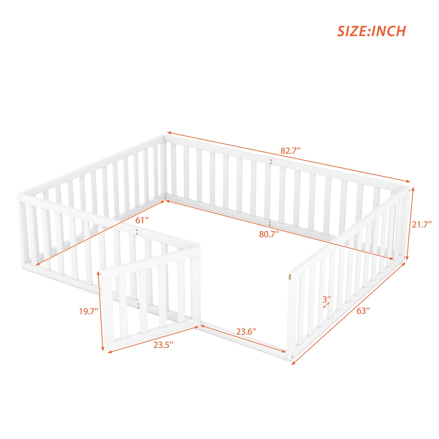 Queen  Size Wood Floor Bed Frame with Fence and Door, White