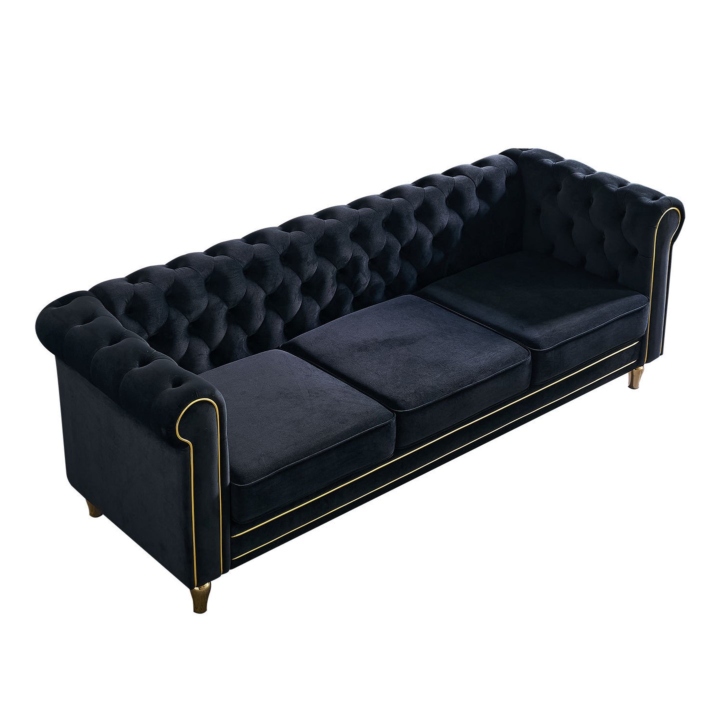 Chesterfield Velvet Sofa 84.65 inch for Living Room Black Color