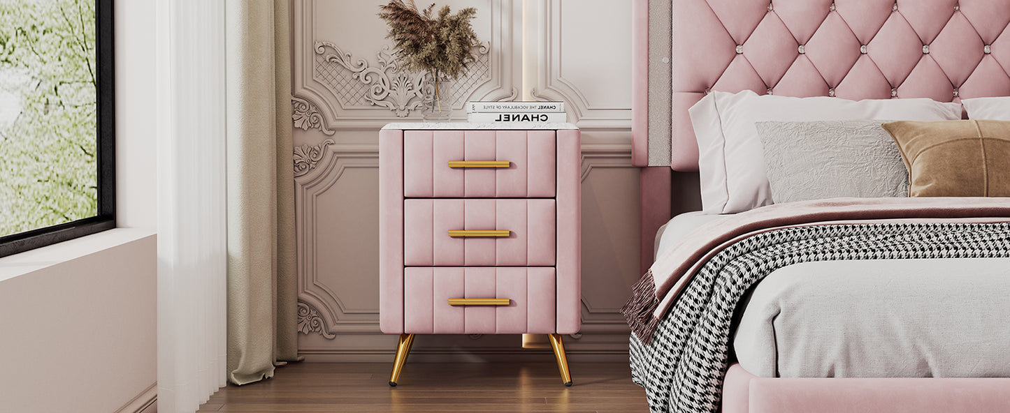 Upholstered Wooden Nightstand with 3 Drawers and Metal Legs&Handles,Fully Assembled Except Legs&Handles,Bedside Table with Marbling Worktop - Pink