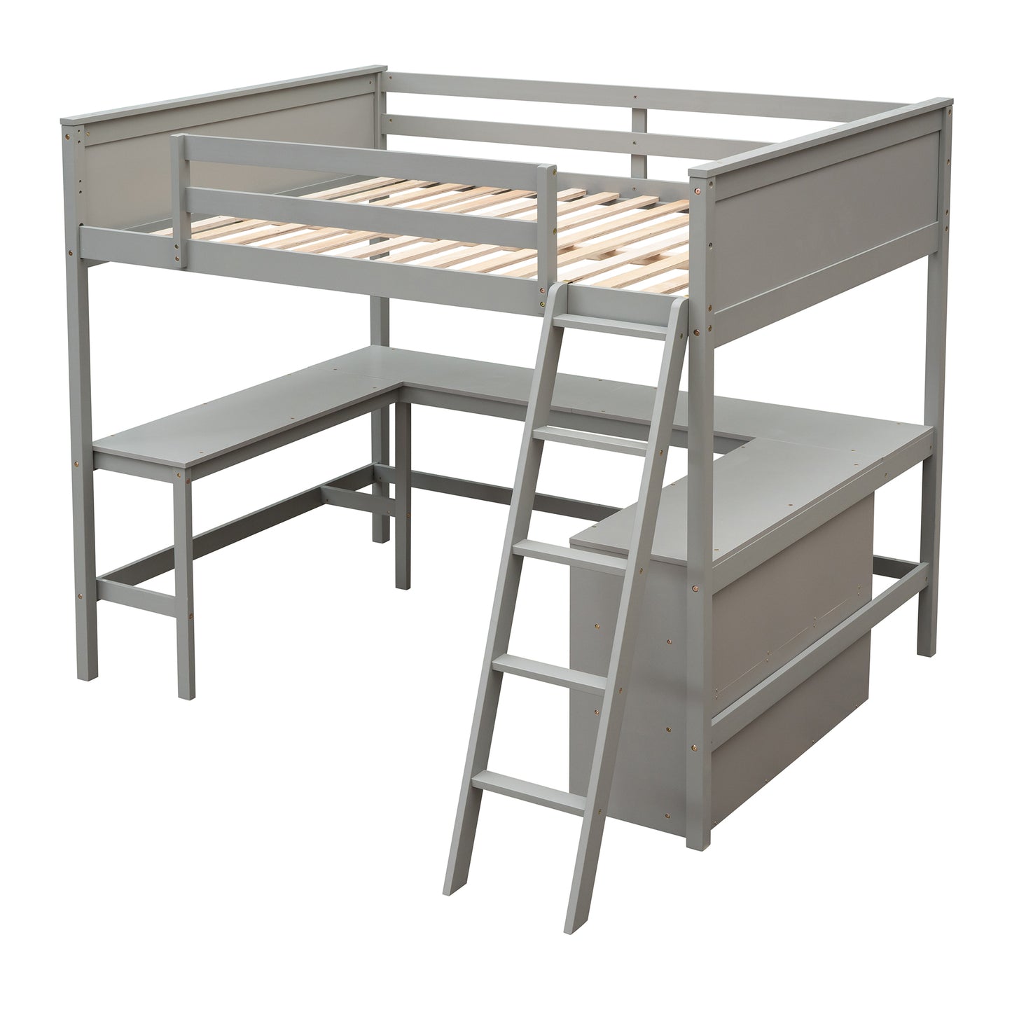 Full size Loft Bed with Shelves and Desk, Wooden Loft Bed with Desk - Gray