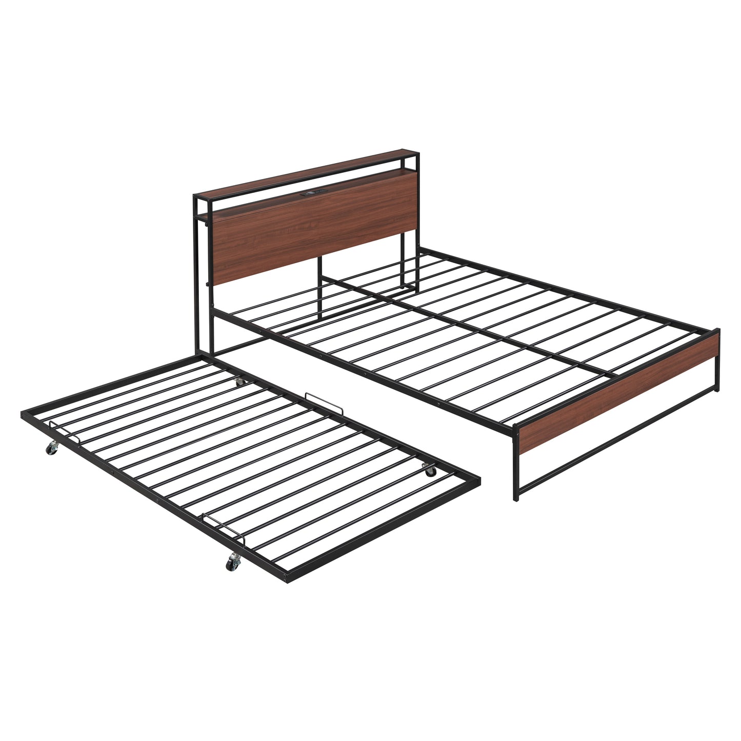 Queen Size Metal Platform Bed Frame with Trundle, USB Ports and Slat Support ,No Box Spring Needed Black