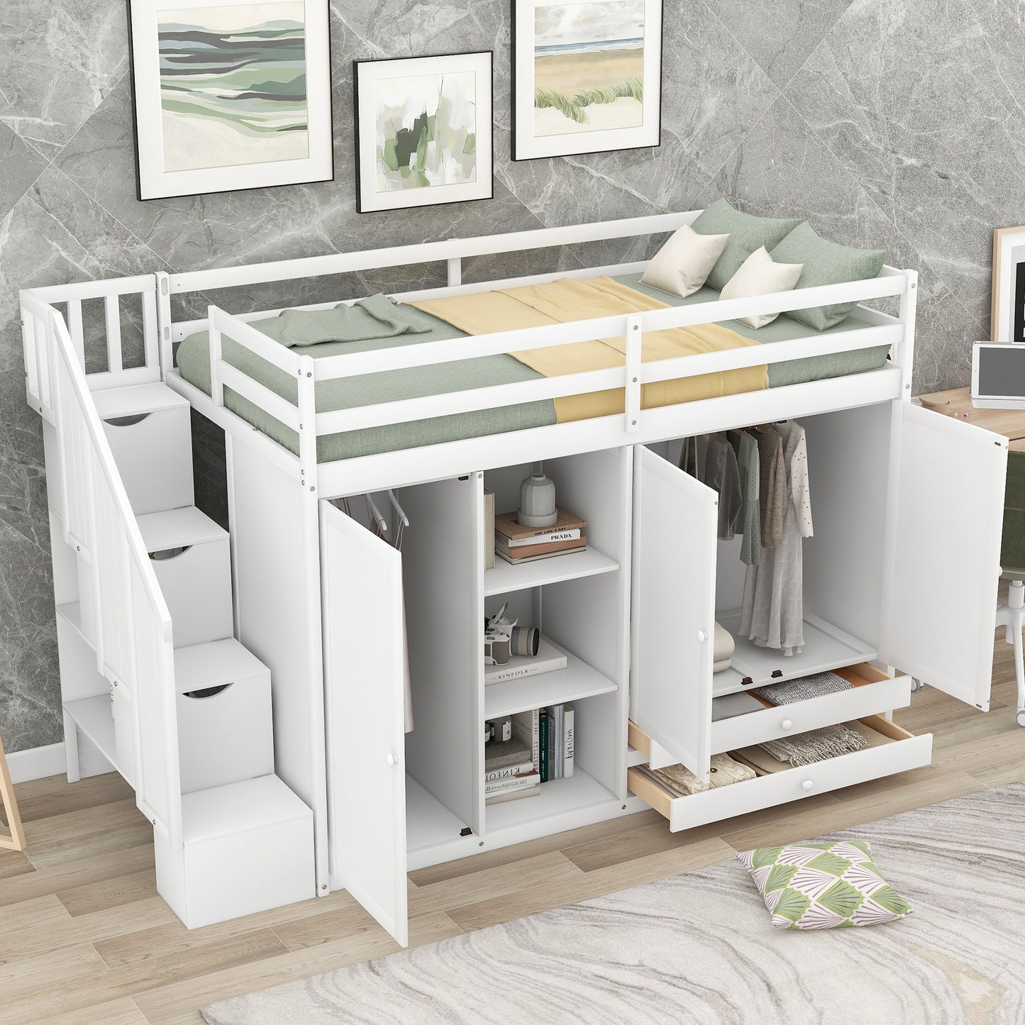 Functional Loft Bed with 3 Shelves, 2 Wardrobes and 2 Drawers,  Ladder with Storage, No Box Spring Needed, White