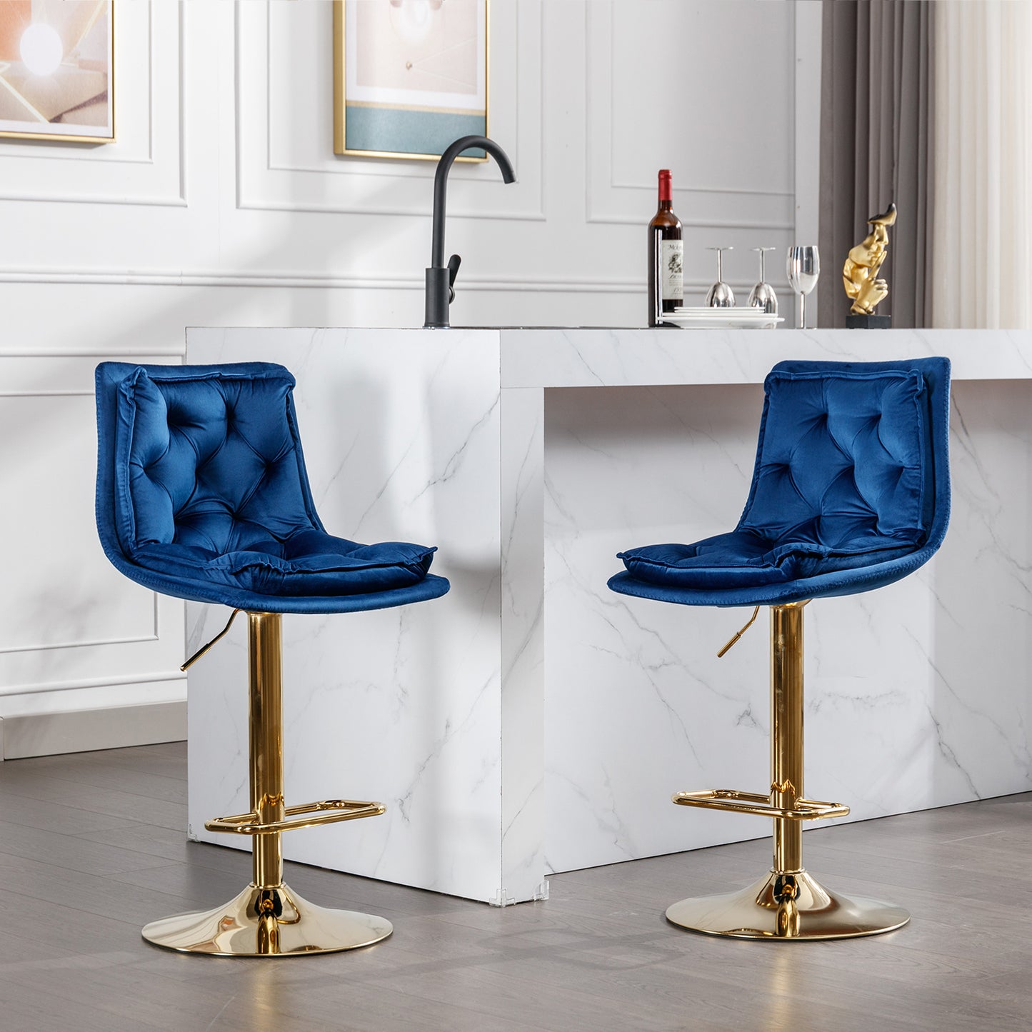 Set of 2 Bar Stools,with Chrome Footrest and Base Swivel Height Adjustable Mechanical Lifting Velvet + Golden Leg Simple Bar Stoo,blue