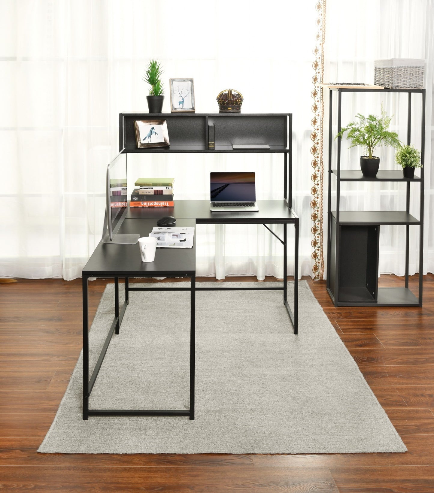 Spacious Industrial L-Shaped Desk with Hutch and Storage Shelves for Gaming