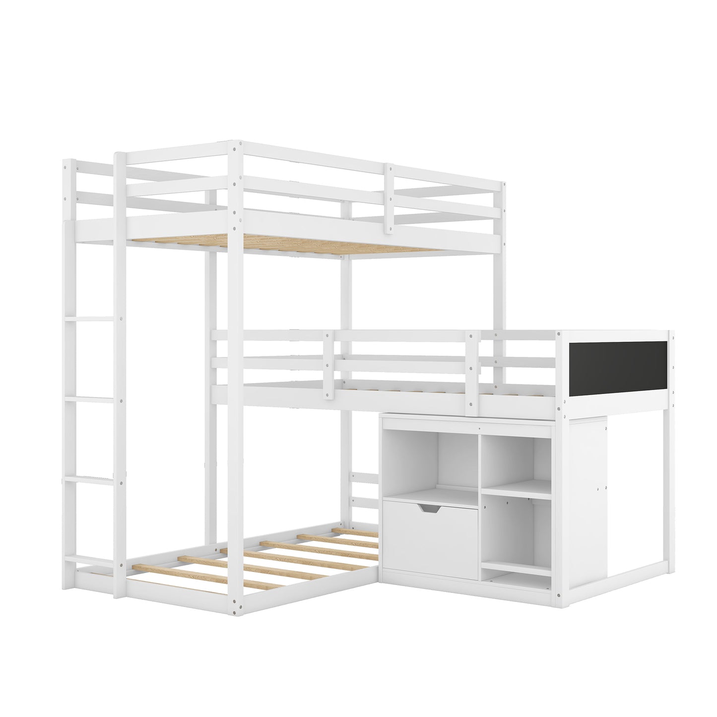 L-Shaped Triple Bunk Bed with Storage Cabinet, Blackboard, and White Finish - Innovative Space-Saving Solution