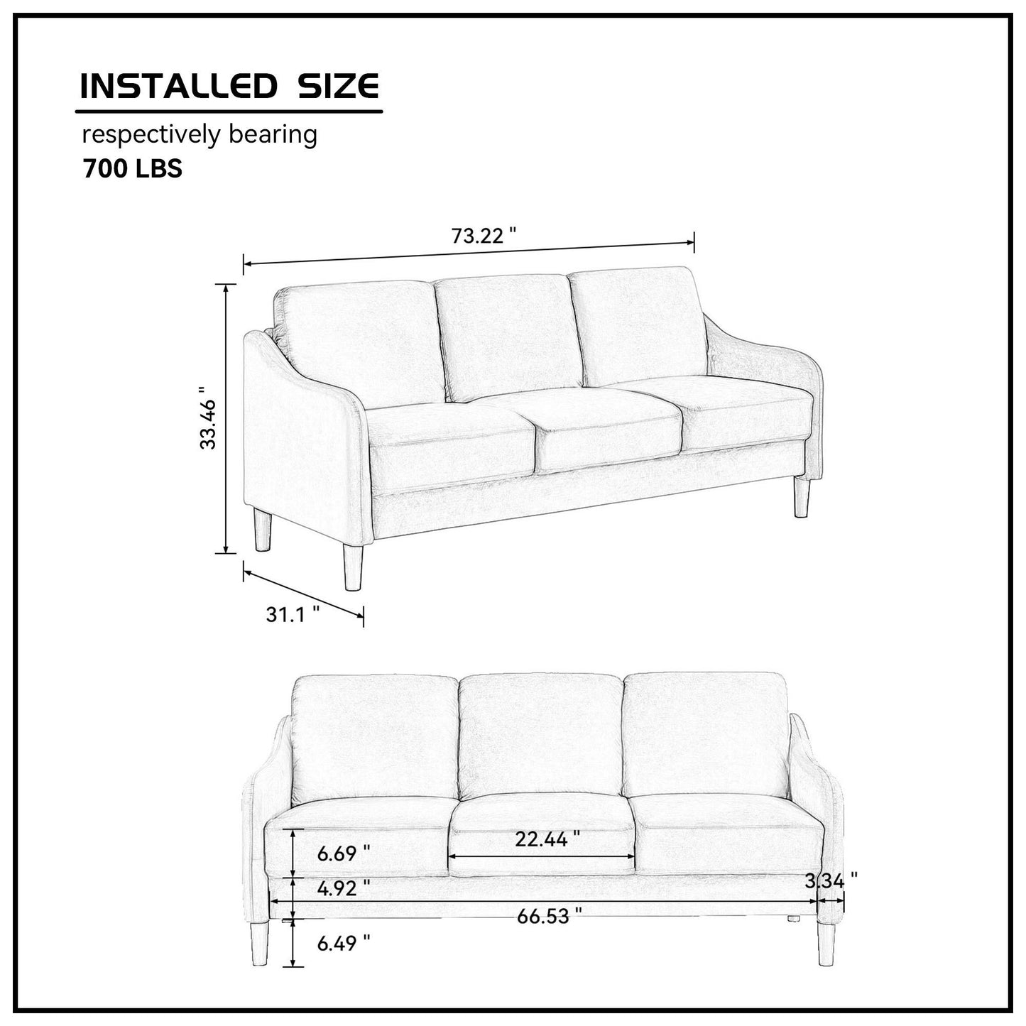 Modern  3-Seater Sofa for Small Space, Velvet Beige