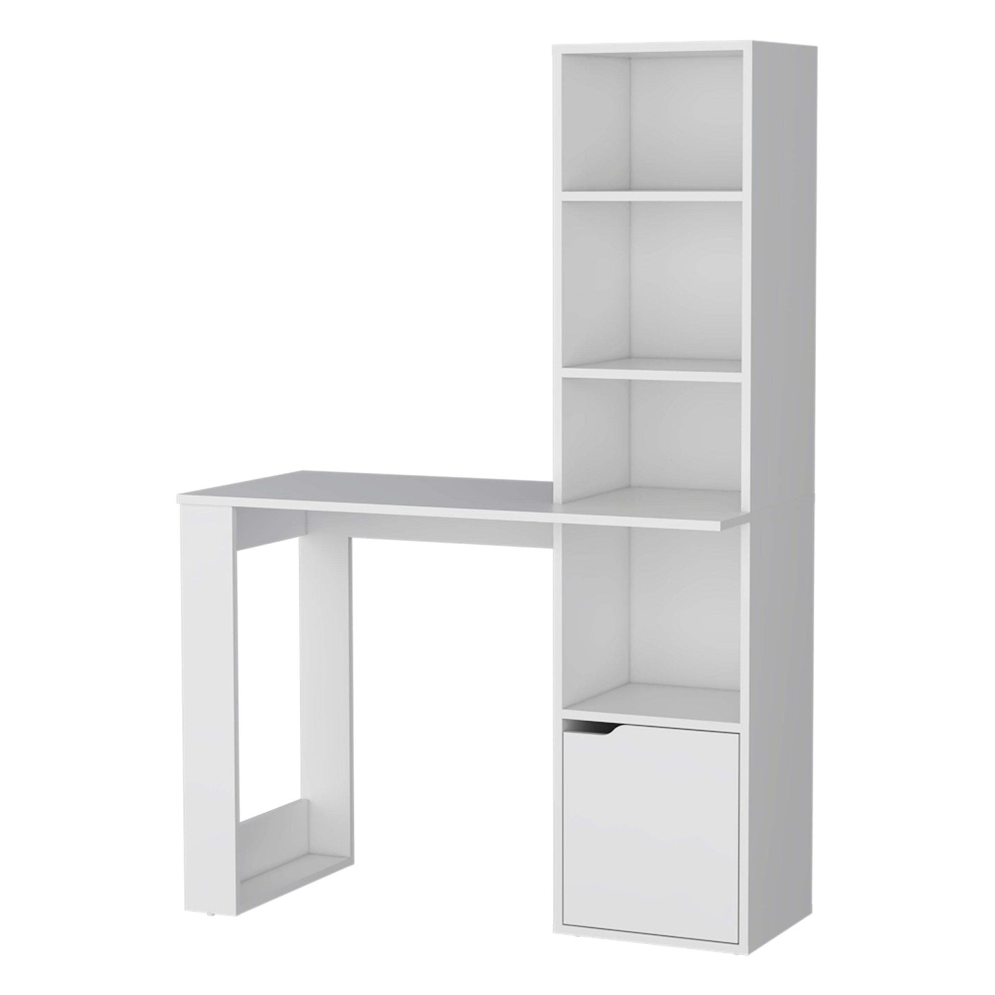 White Computer Desk with Built-In Bookcase and Cabinet for Organization