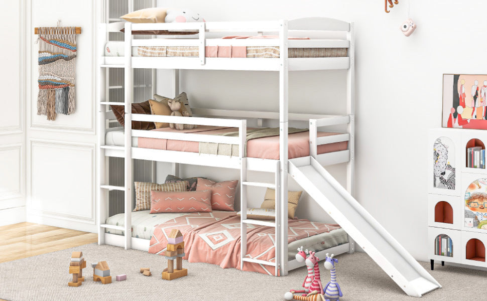 Innovative White Triple Bunk Bed with Slide, Ladder, and Vertical Space Optimization