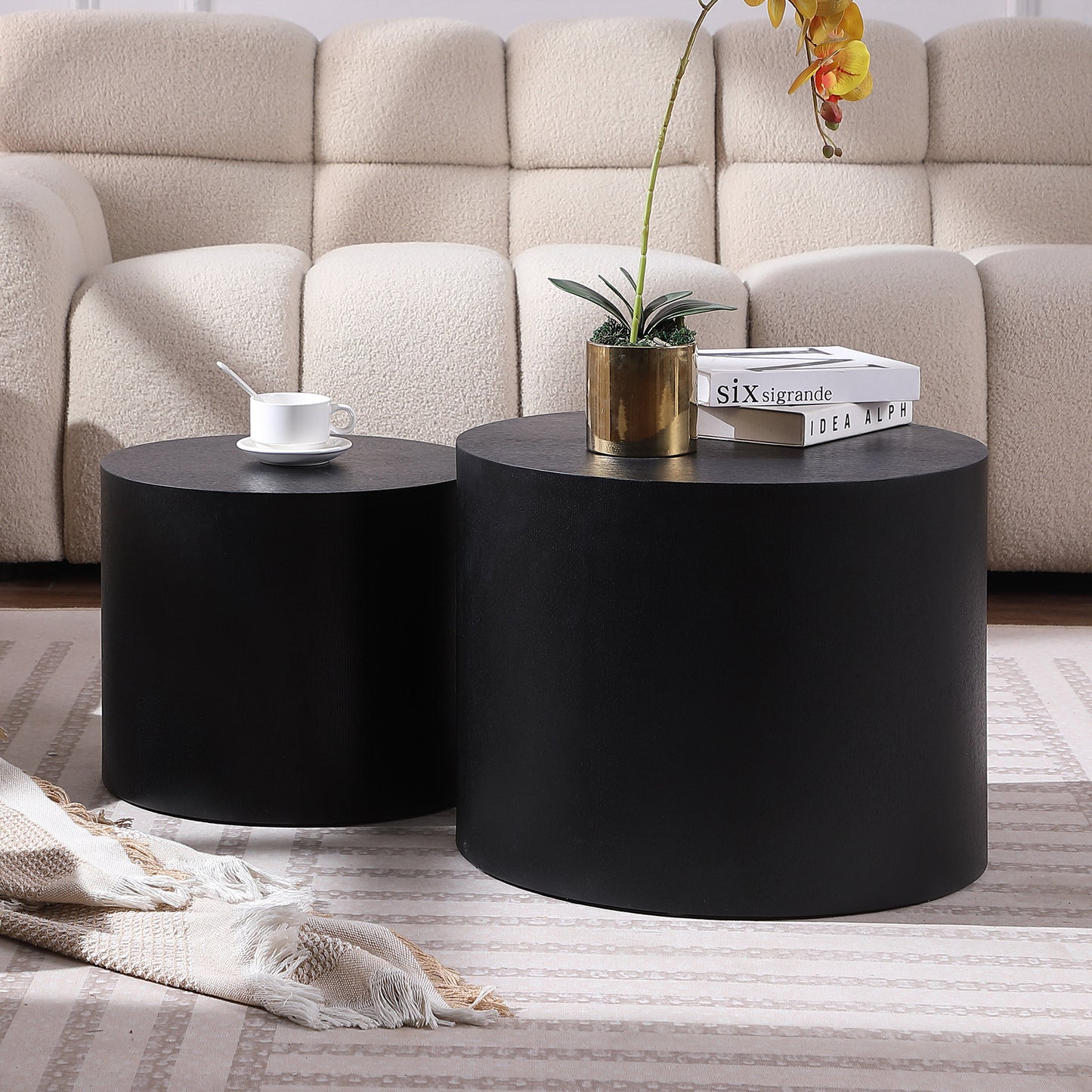 Black MDF Side Table Set of 2 with Veneer Finish for Home and Office