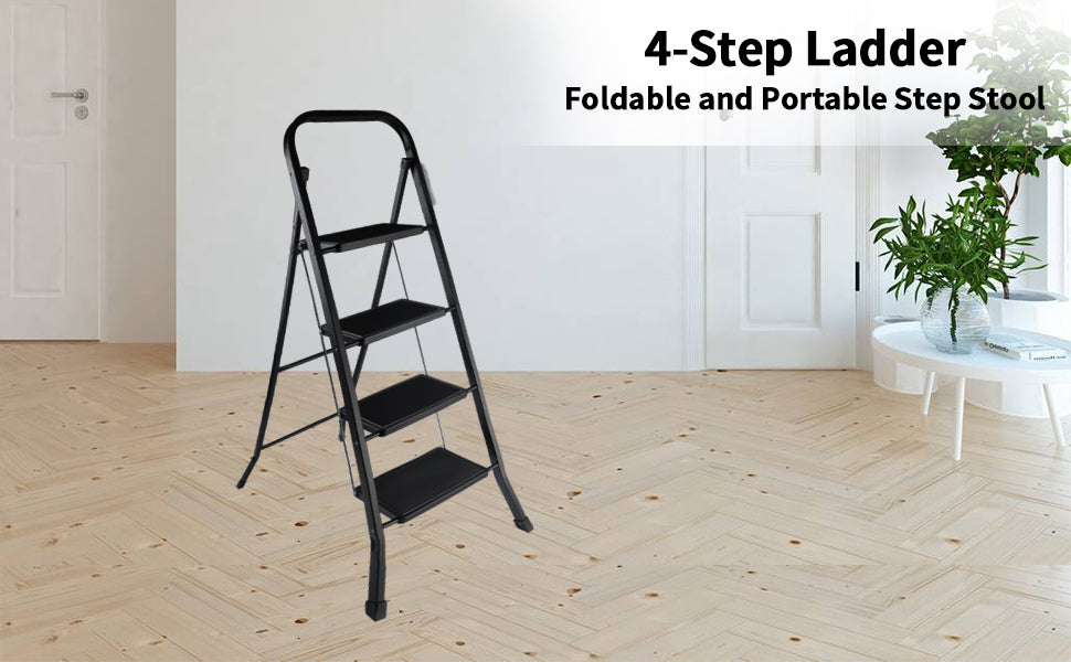 4 Step Ladder, Folding Step Stool with Wide Anti-Slip Pedal, 330 lbs Sturdy Steel Ladder, Convenient Handgrip, Lightweight, Portable Steel Step Stool, Black (HILADDFOLD4B)