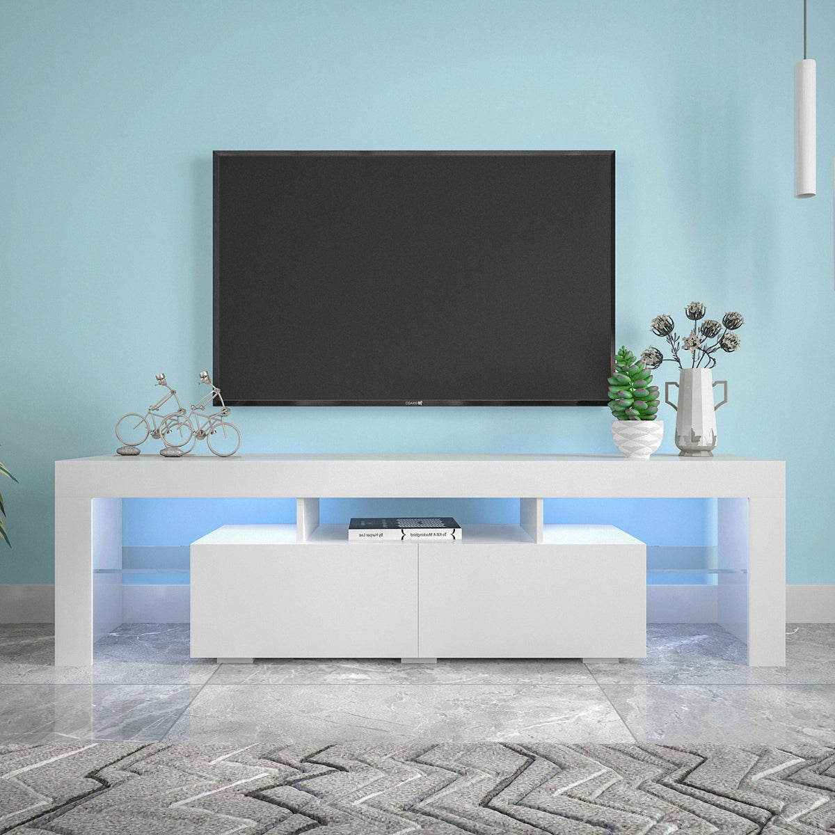 LED TV Stand with Remote Controlled Lights in Modern White, 20 Color Options