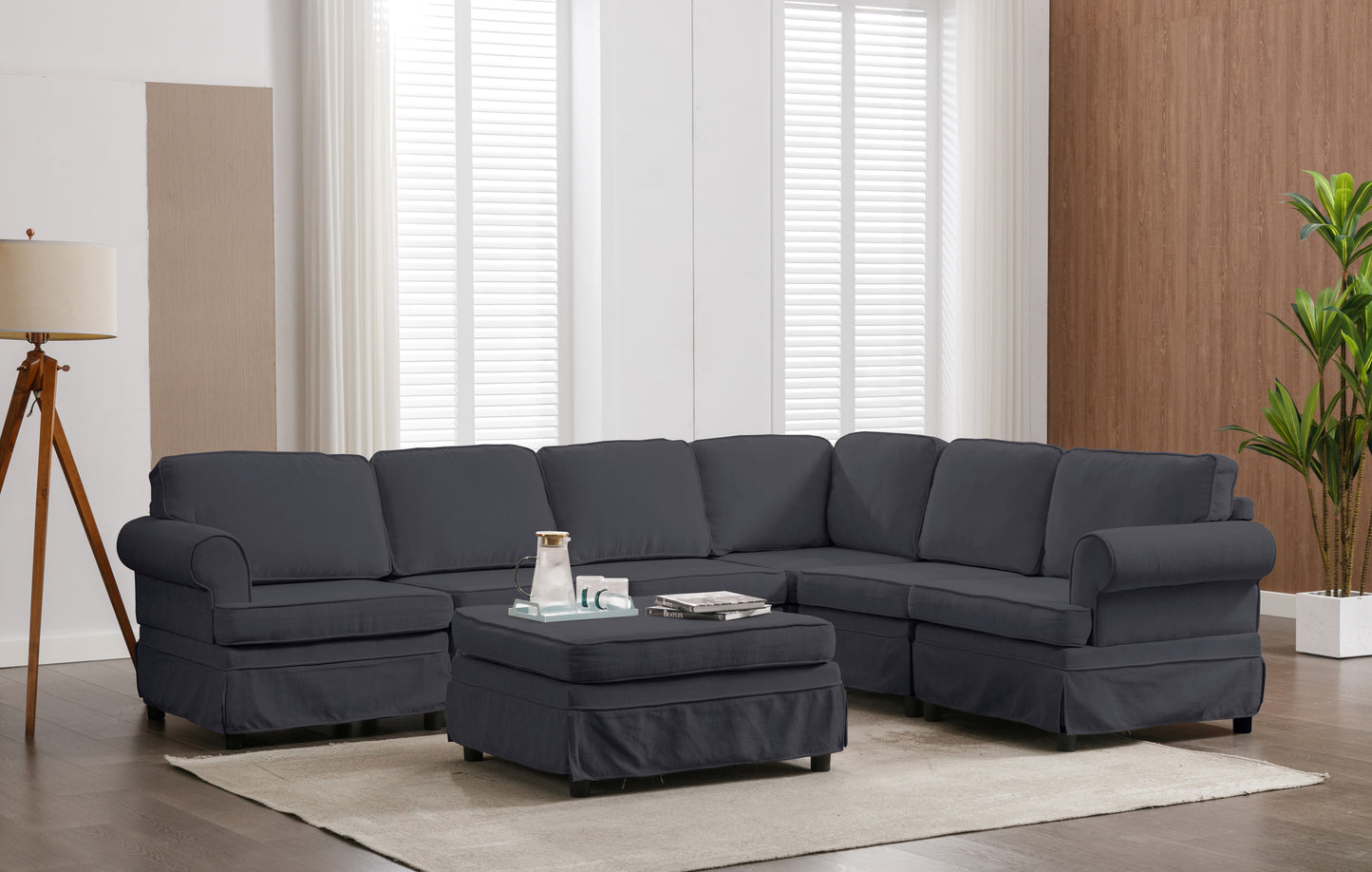 108.6 Customizable Fabric Upholstered Modular Sectional Sofa with Ottoman, Gray Living Room Couch