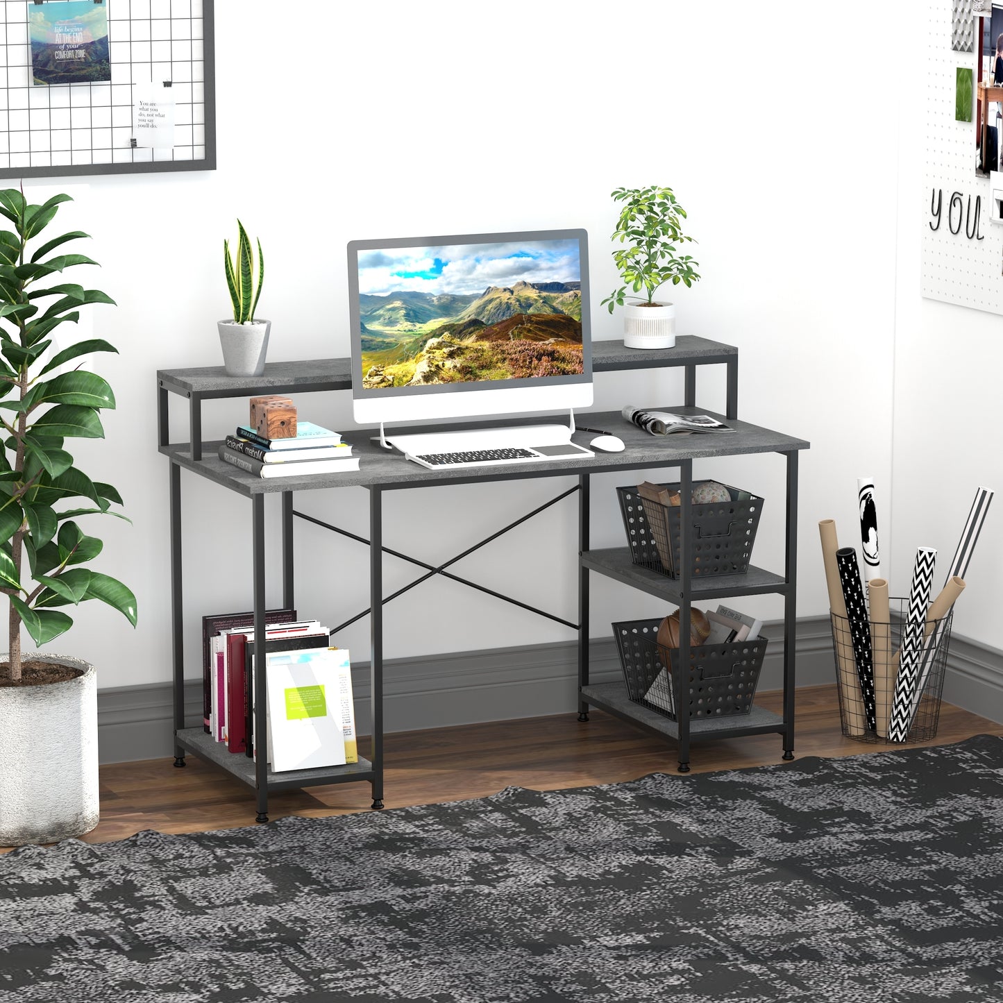 55 Inch Home Office Computer Desk Study Writing Workstation with Storage Shelves, Elevated Monitor Shelf, CPU Stand, Durable X-Shaped Construction, Grey Wood Grain