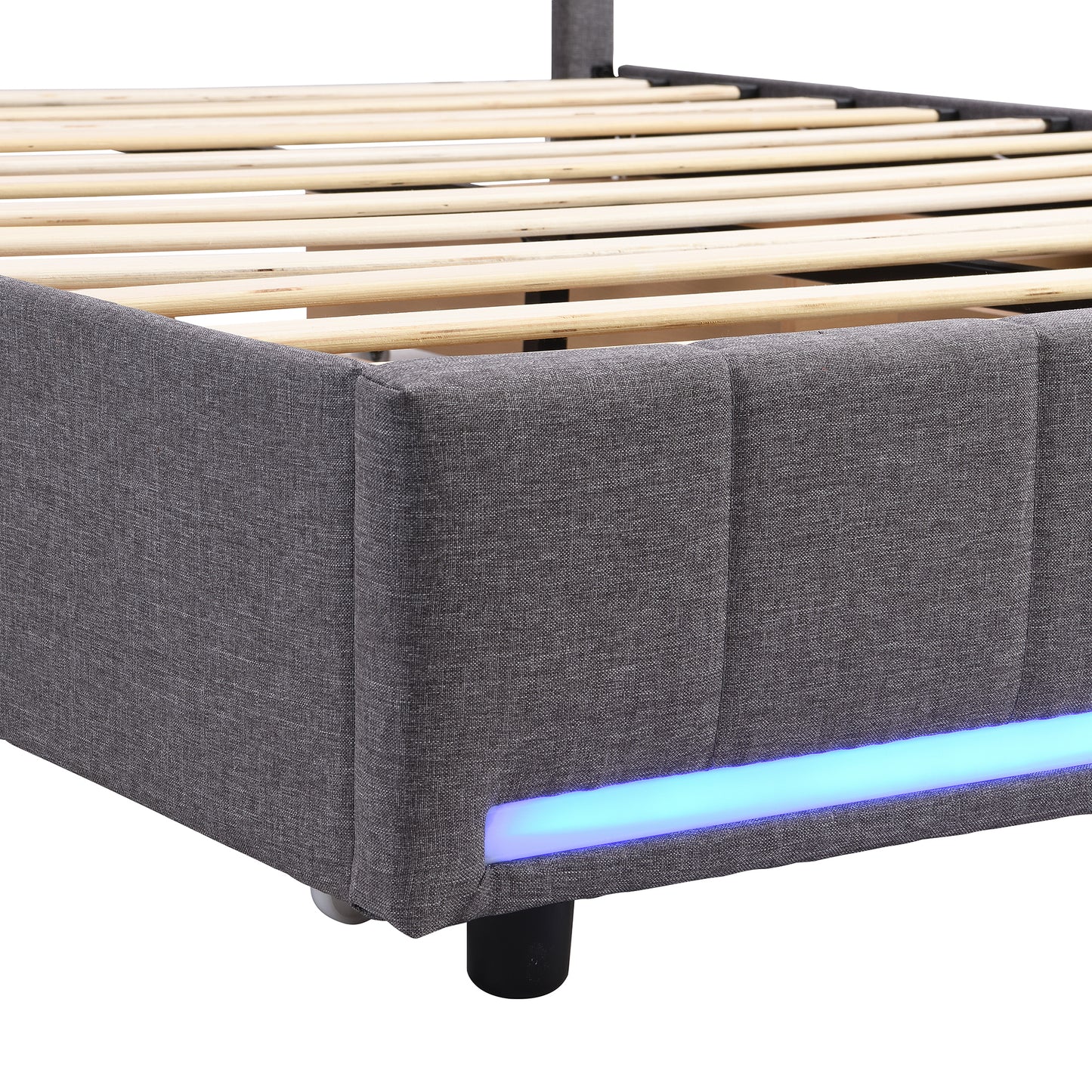 Full Size Upholstered Bed with LED Light and 4 Drawers,  Modern Platform Bed with a set of Sockets and USB Ports, Linen Fabric, Gray